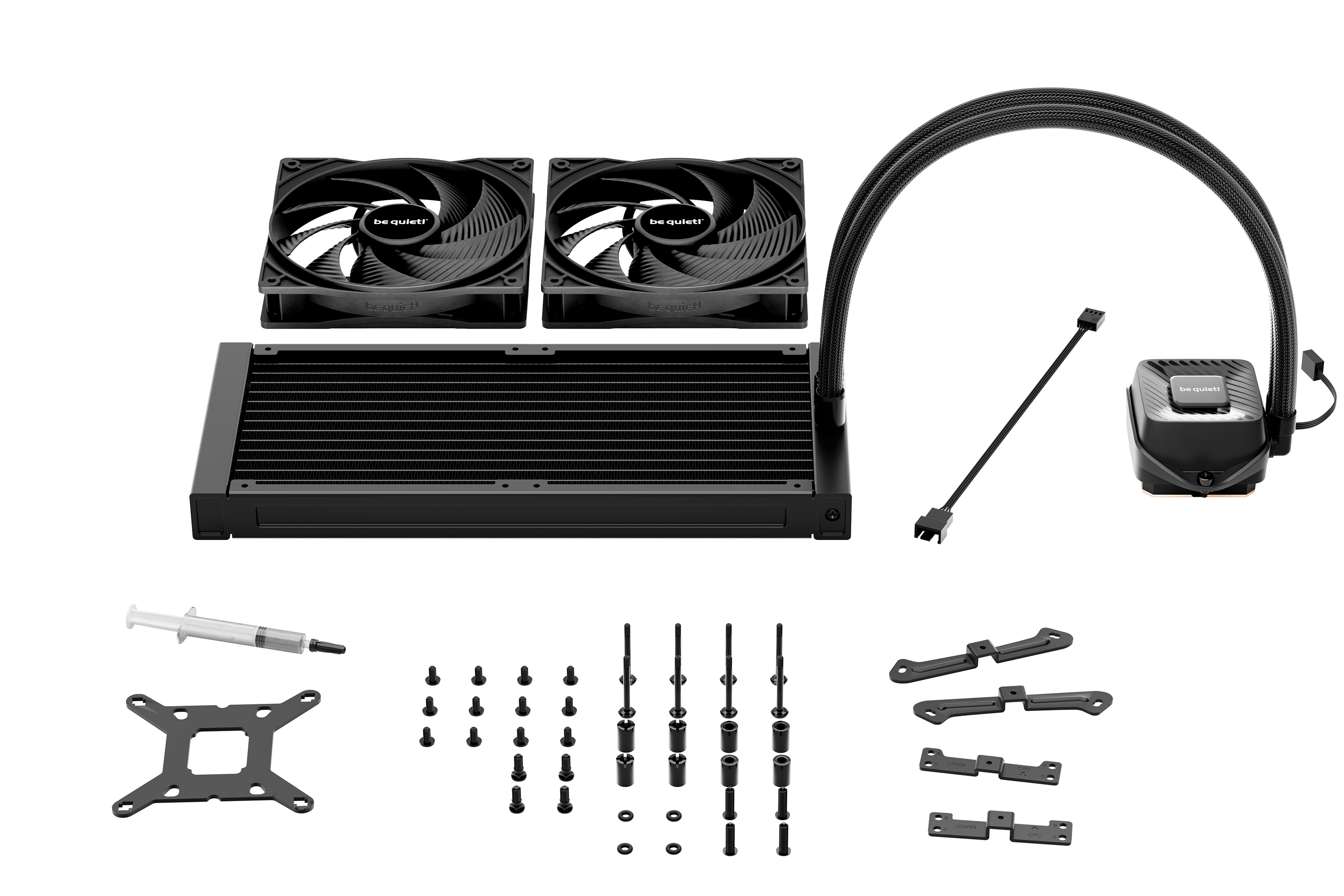 Black PC liquid cooler kit with fans, radiator, pump, tubes, mounting hardware, and syringe, all on white background.