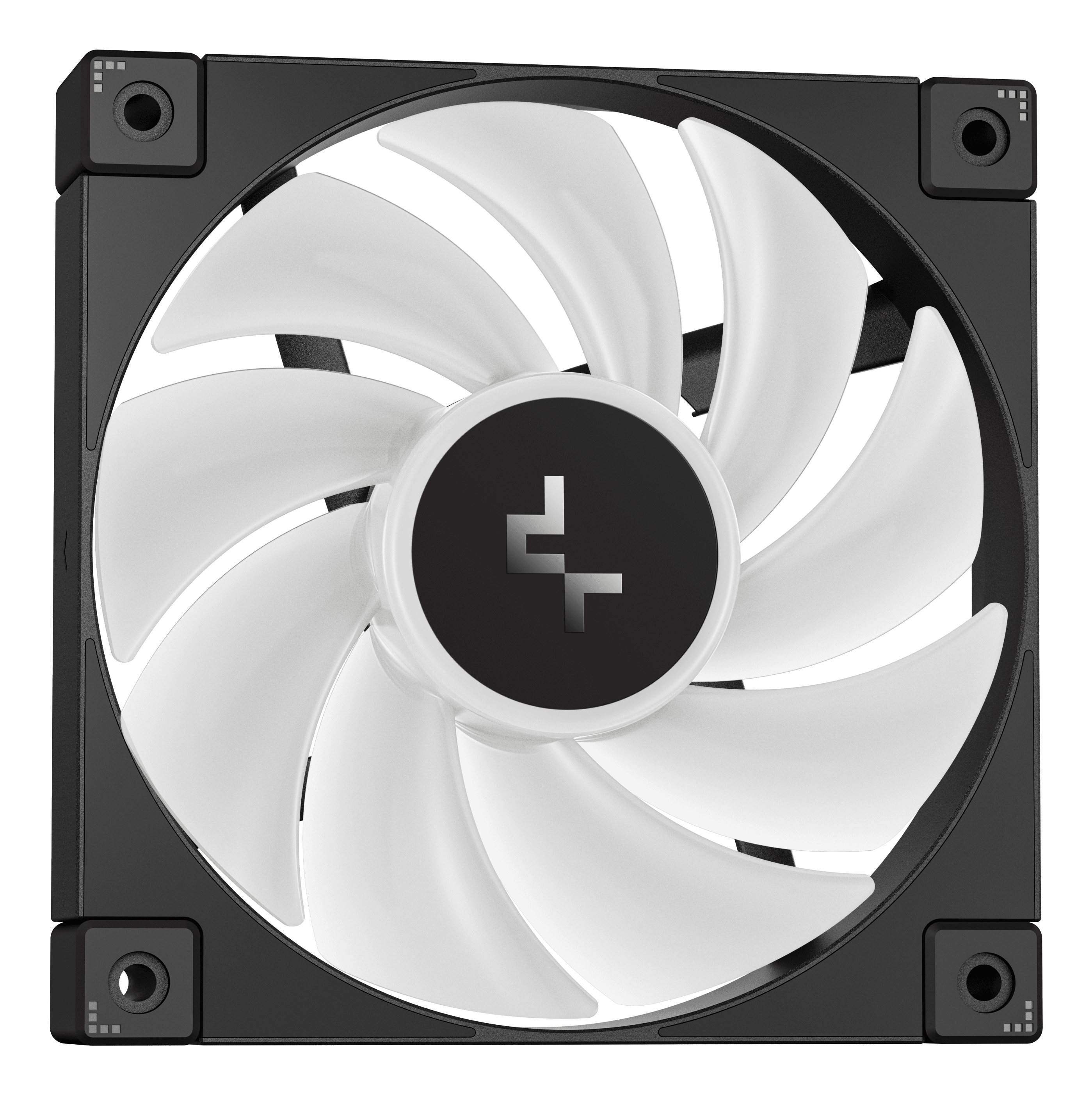 Un ventilateur d'ordinateur avec des pales blanches à l'intérieur d'un cadre noir. Le centre a un cercle noir avec un logo blanc.