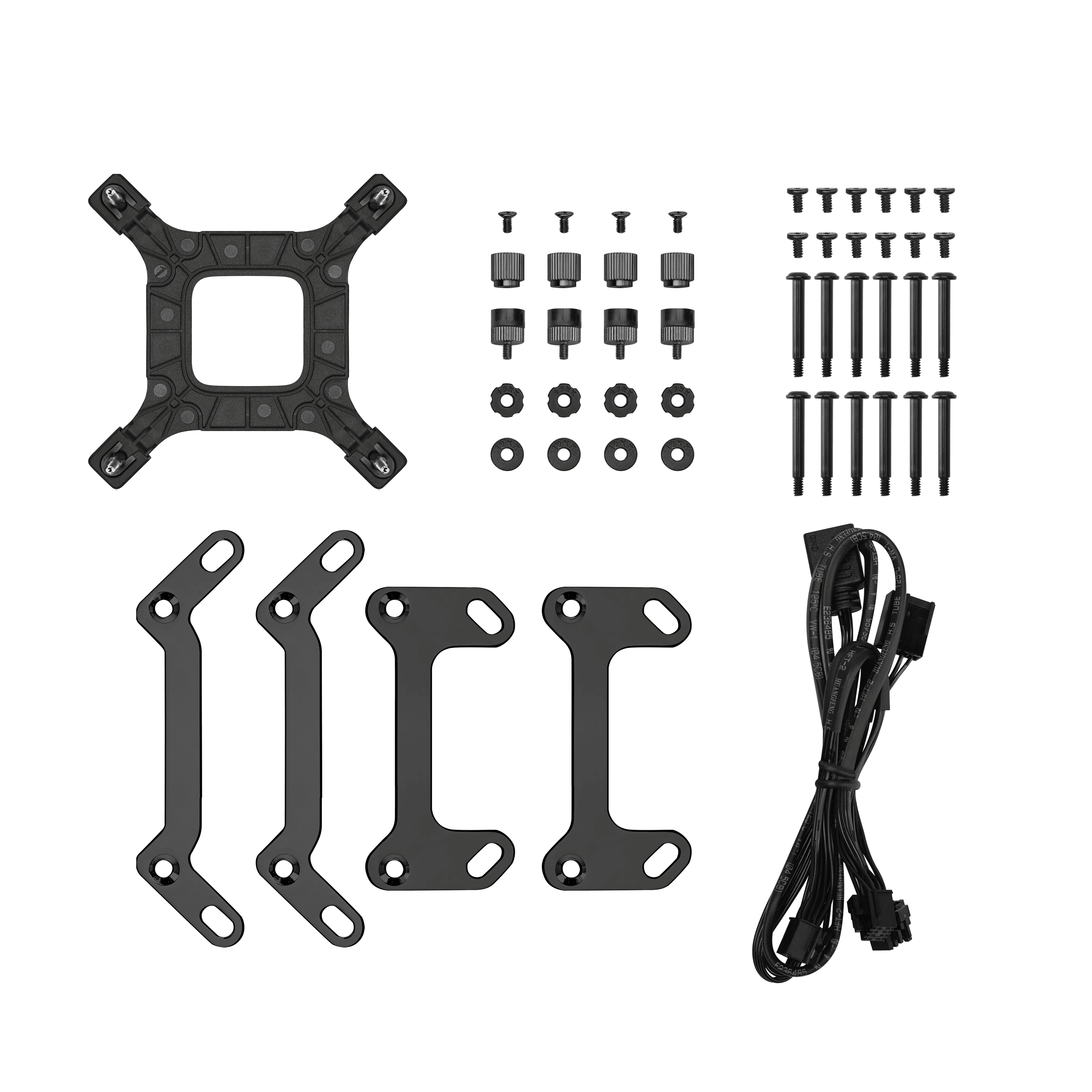 Un assortiment de composants informatiques noirs, comprenant des vis, des supports et un câble.