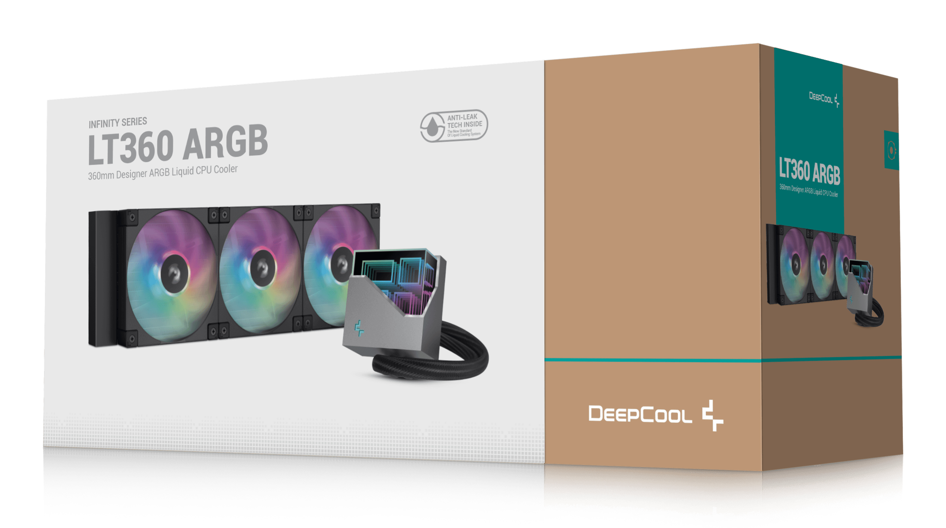 Une boîte de refroidisseur de CPU DeepCool LT360 ARGB. Elle montre le refroidisseur, des ventilateurs avec des lumières arc-en-ciel et une icône anti-fuite.