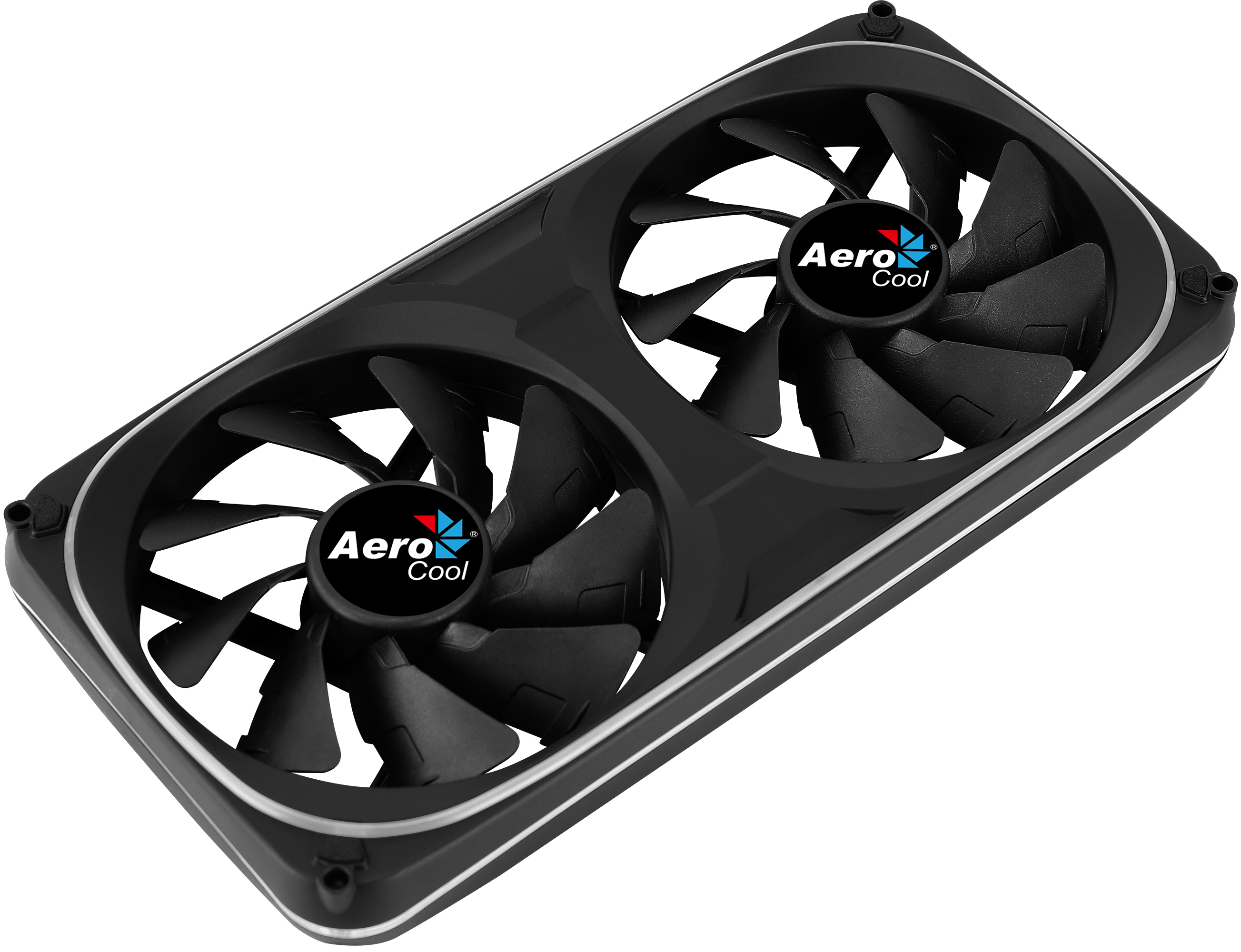 Ventola per computer nera con due grandi ventole e il logo Aero Cool. La cornice è nera con finiture argentate.