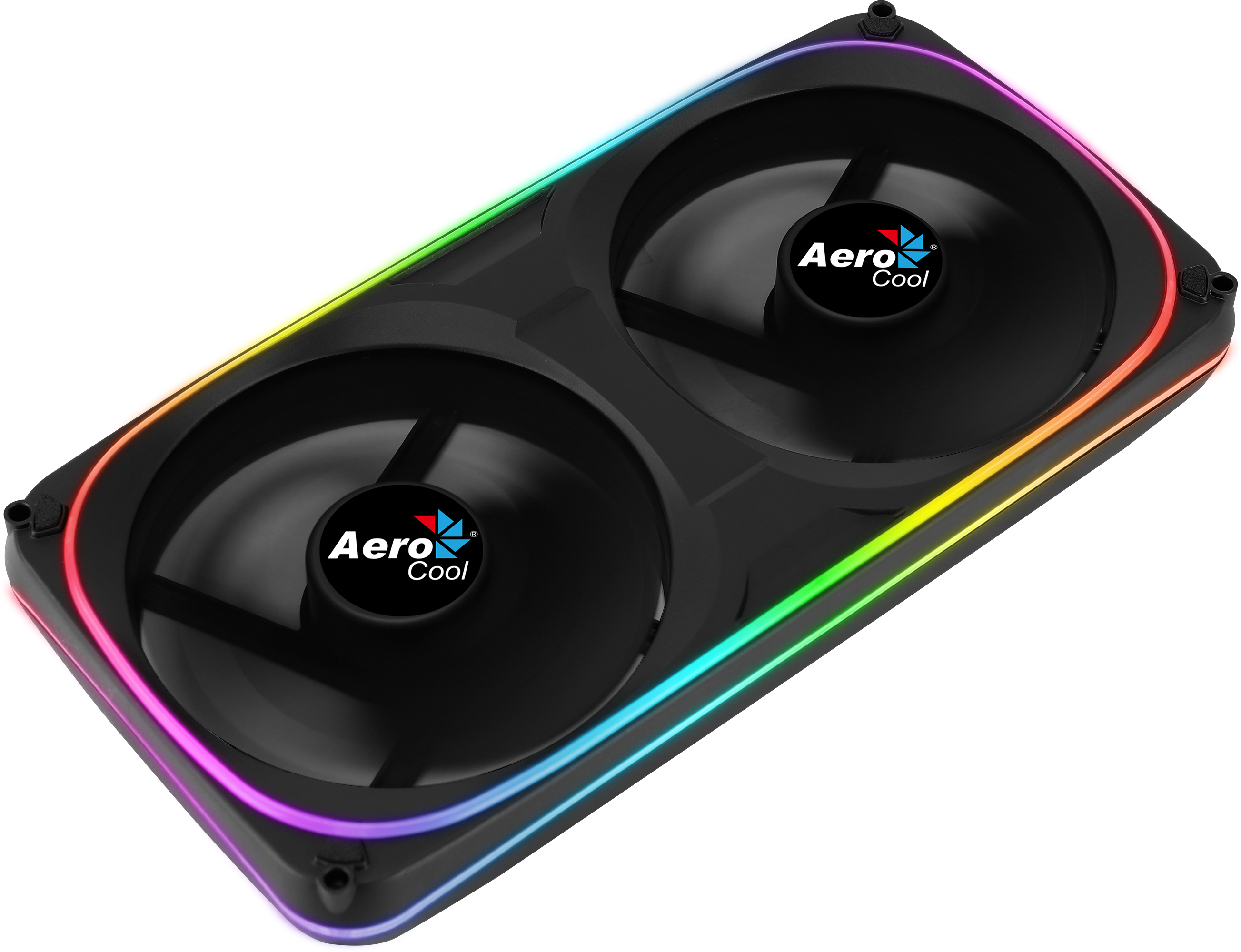 Ventola per computer AeroCool con due ventole nere. Ha una luce LED colorata sui bordi e il logo al centro.