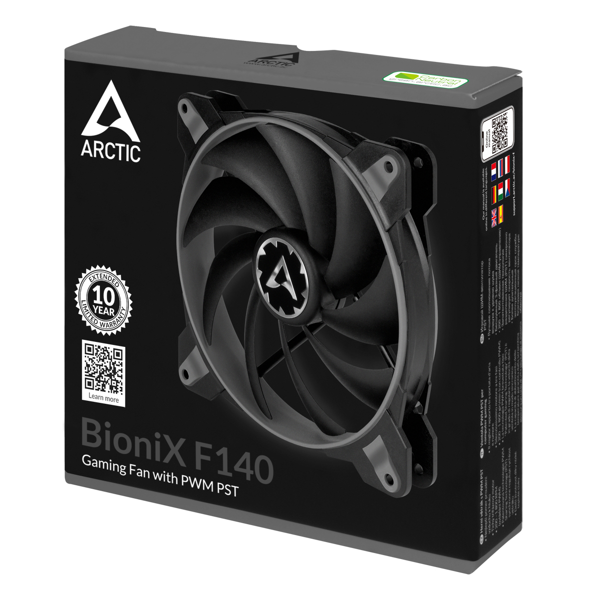 Schwarzer Karton mit einem Computerlüfter. Die Box hat das Arctic-Logo und den Produktnamen. 10 Jahre Garantie.