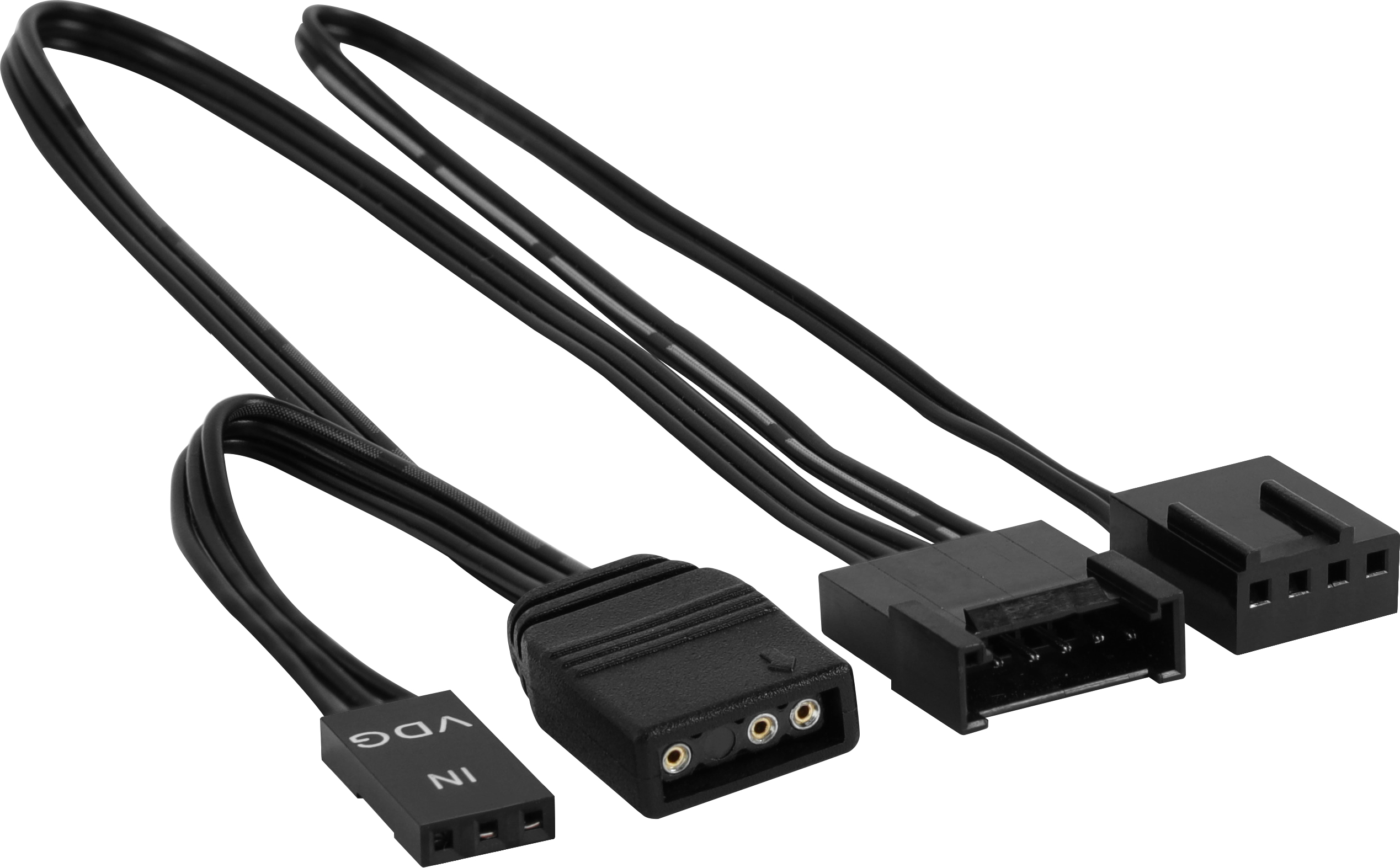 Schwarze Computeranschlusskabel mit verschiedenen Steckertypen. Kabel haben mehrere Drähte und befinden sich vor weißem Hintergrund.
