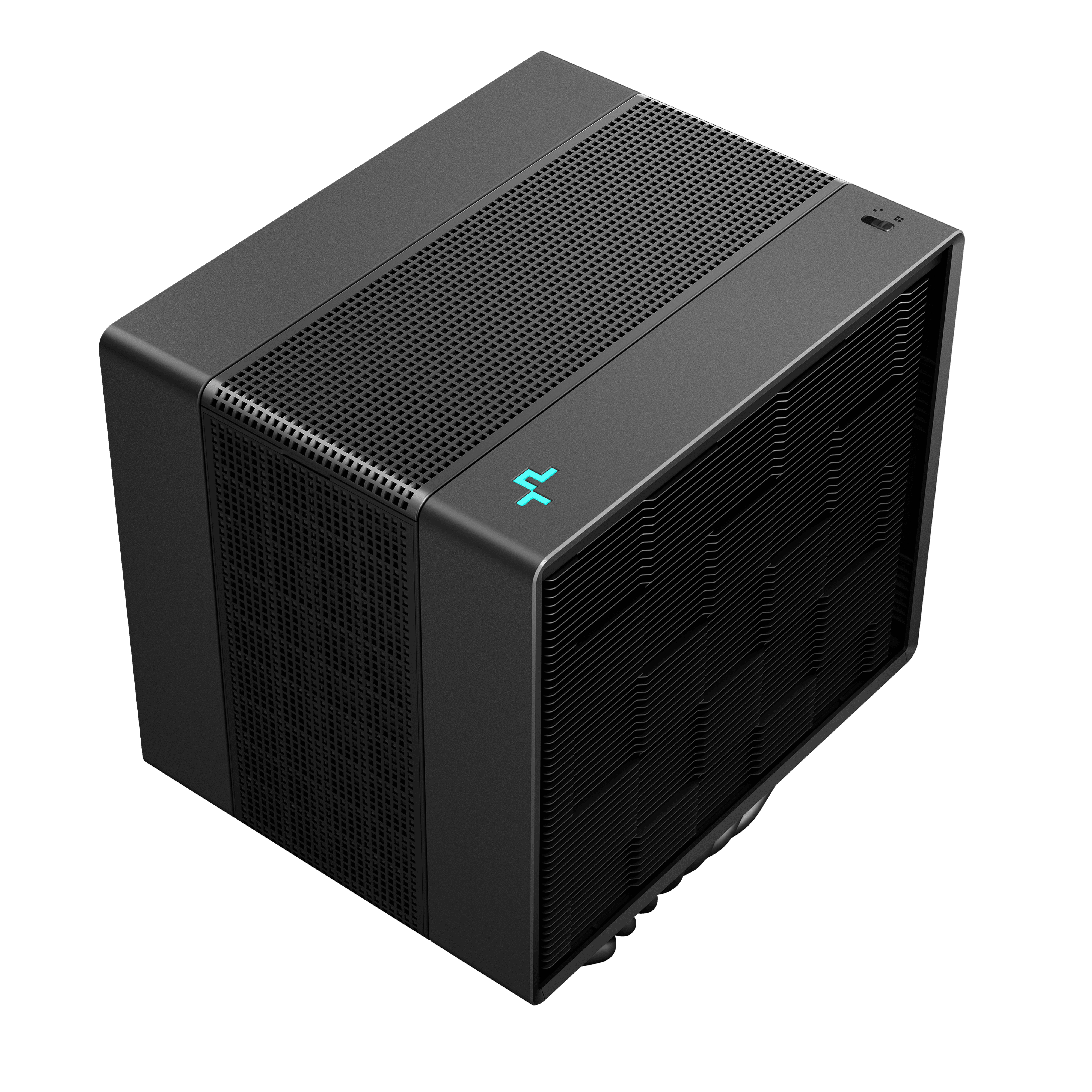 Un boîtier d'ordinateur noir avec un dessus et un côté en forme de grille, un logo bleu et un panneau latéral nervuré, sur blanc.