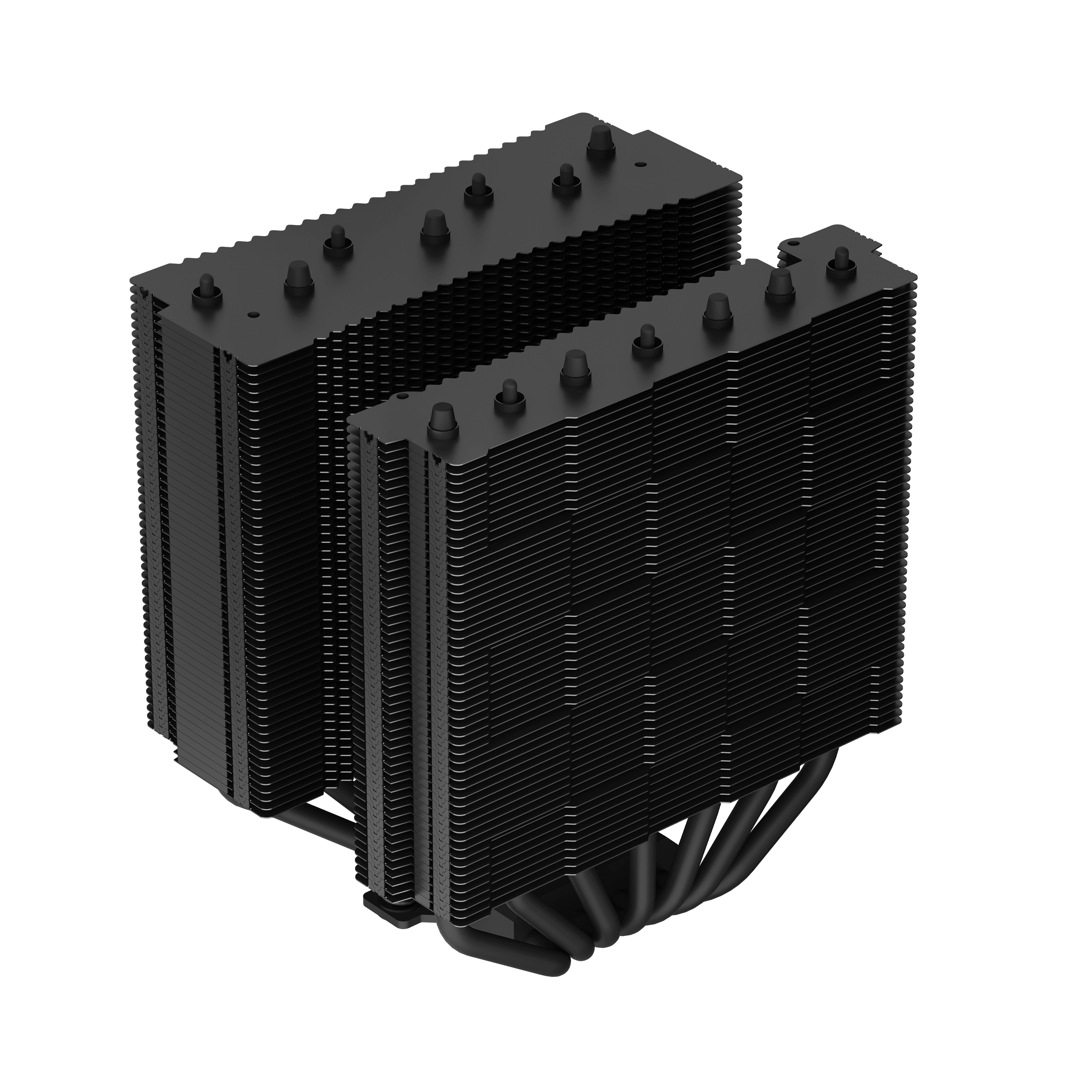 Un refroidisseur de CPU noir avec des ailettes empilées et des caloducs. Il a un design rectangulaire avec des ailettes verticales.