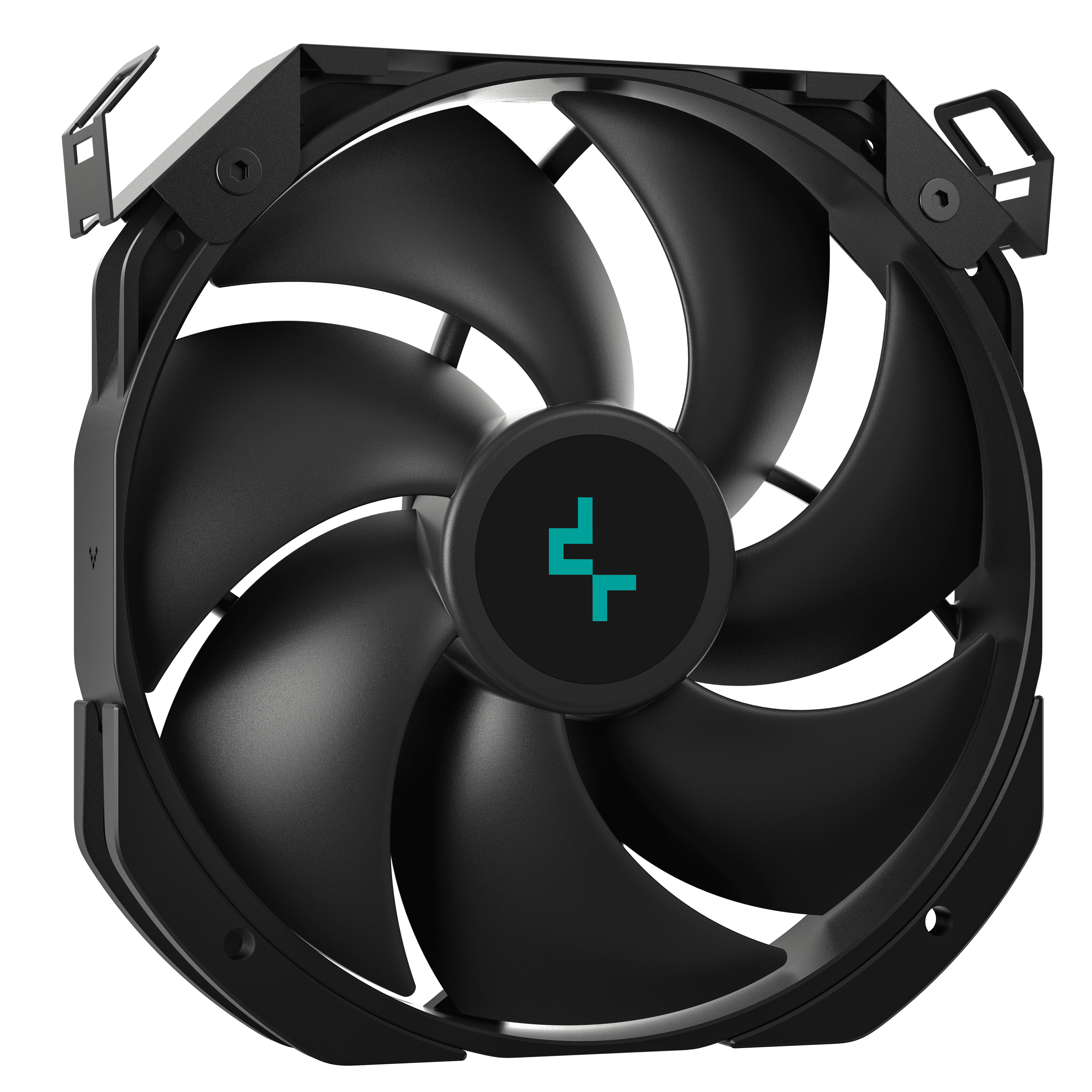 Ventilateur d'ordinateur noir avec des pales incurvées. Il a un centre avec un logo turquoise et un cadre noir.