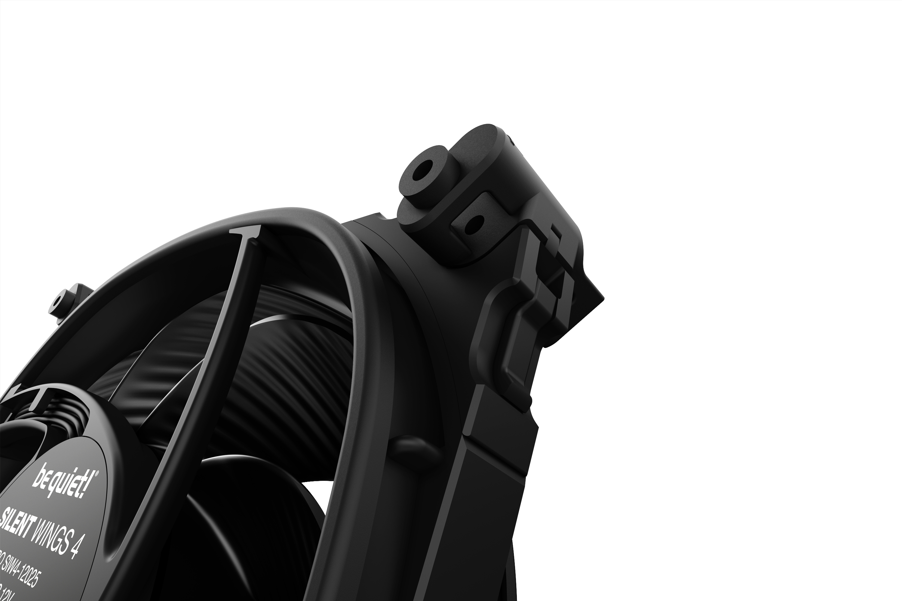 Black computer fan, "be quiet! SILENT WINGS 4" label visible, on white background. Fan blades and frame are in focus.