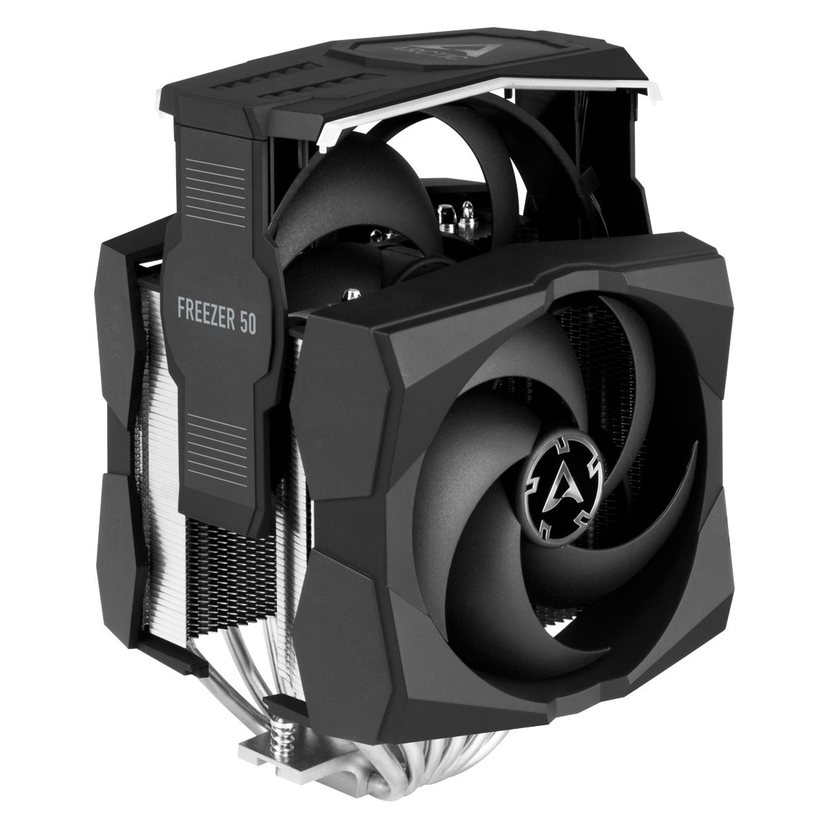 Un dissipatore CPU nero. Ha due ventole e un dissipatore di calore. Il marchio "FREEZER 50" è visibile.