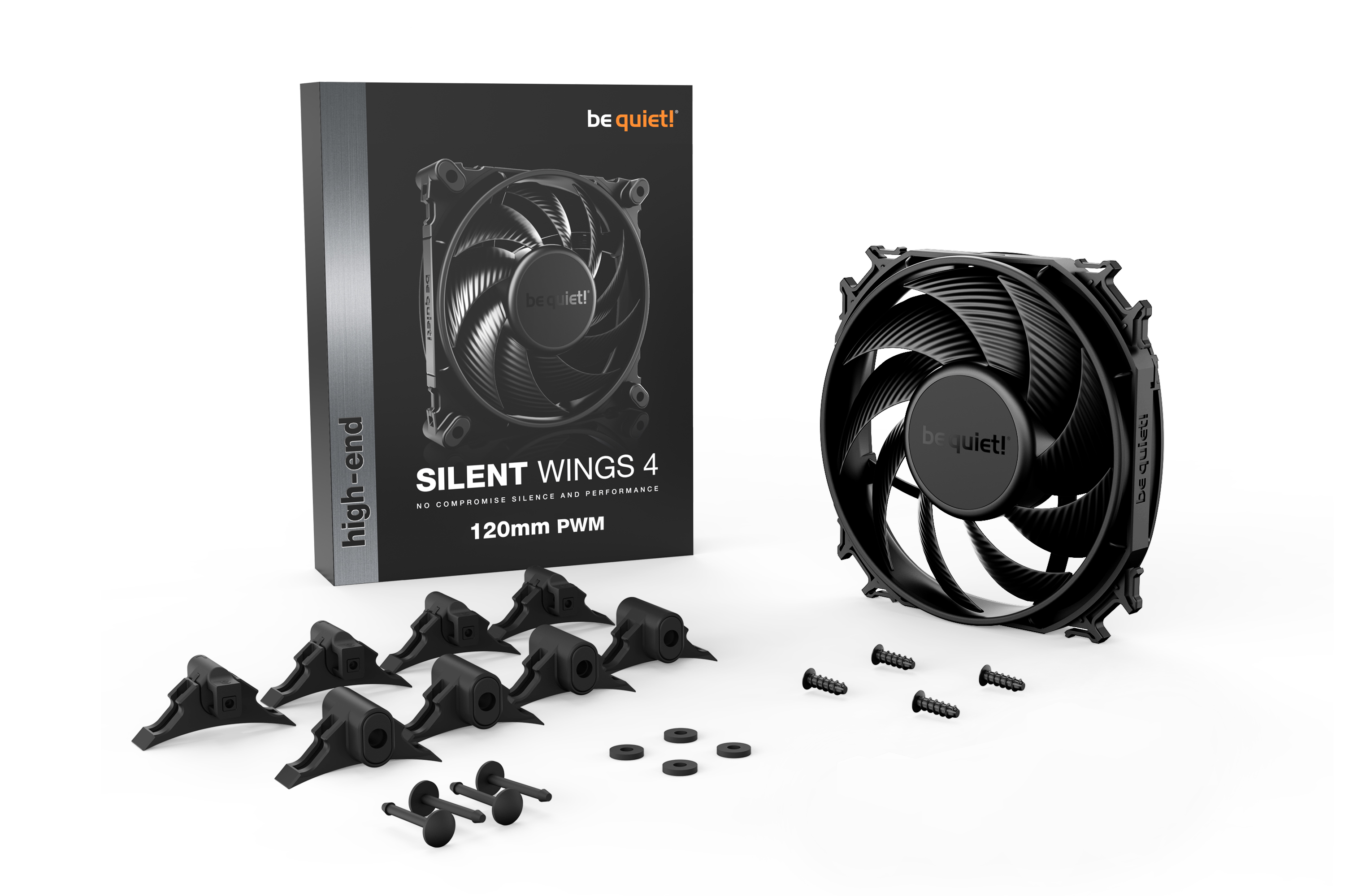 A black computer fan, box, and accessories are on a white surface. The box says 'be quiet!' and 'SILENT WINGS 4'.