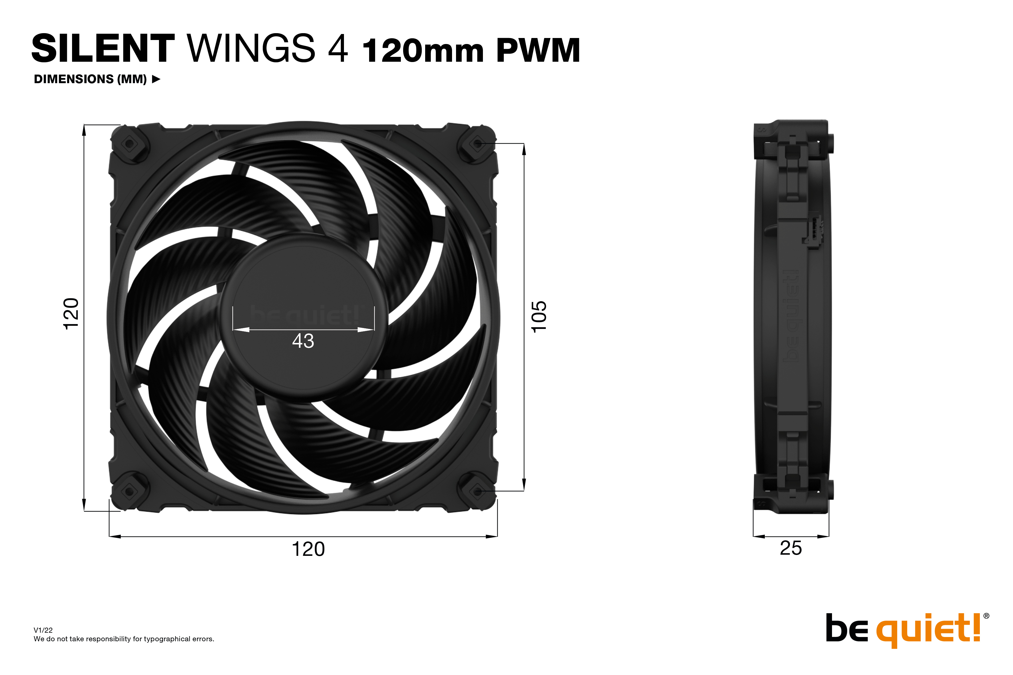 Image shows a black computer fan with measurements. The fan has white blades and the brand name be quiet!.