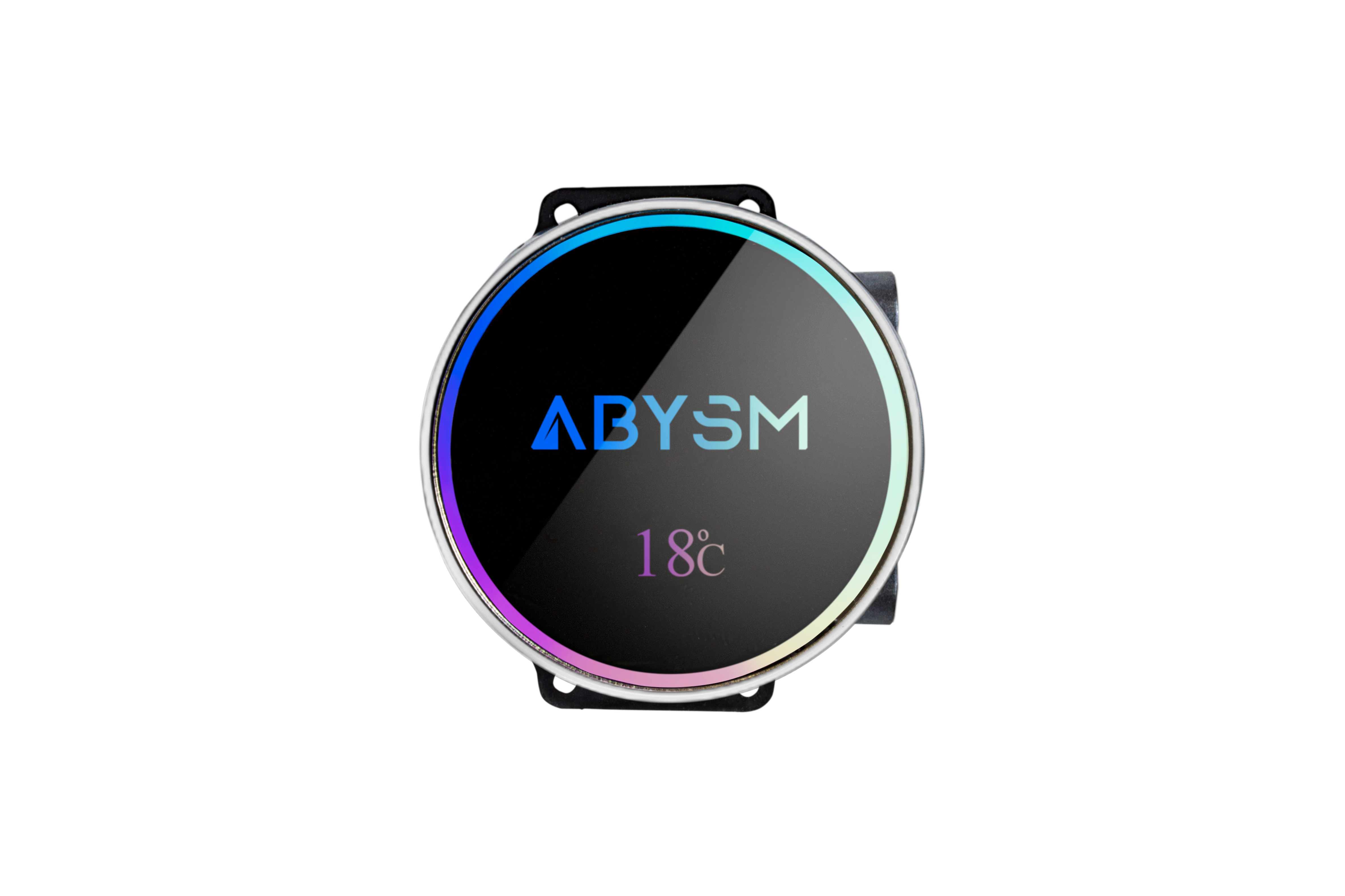 Dispositivo circular negro con la palabra ABYSM y 18°C en su pantalla. Es un enfriador líquido para computadora, con marco negro.
