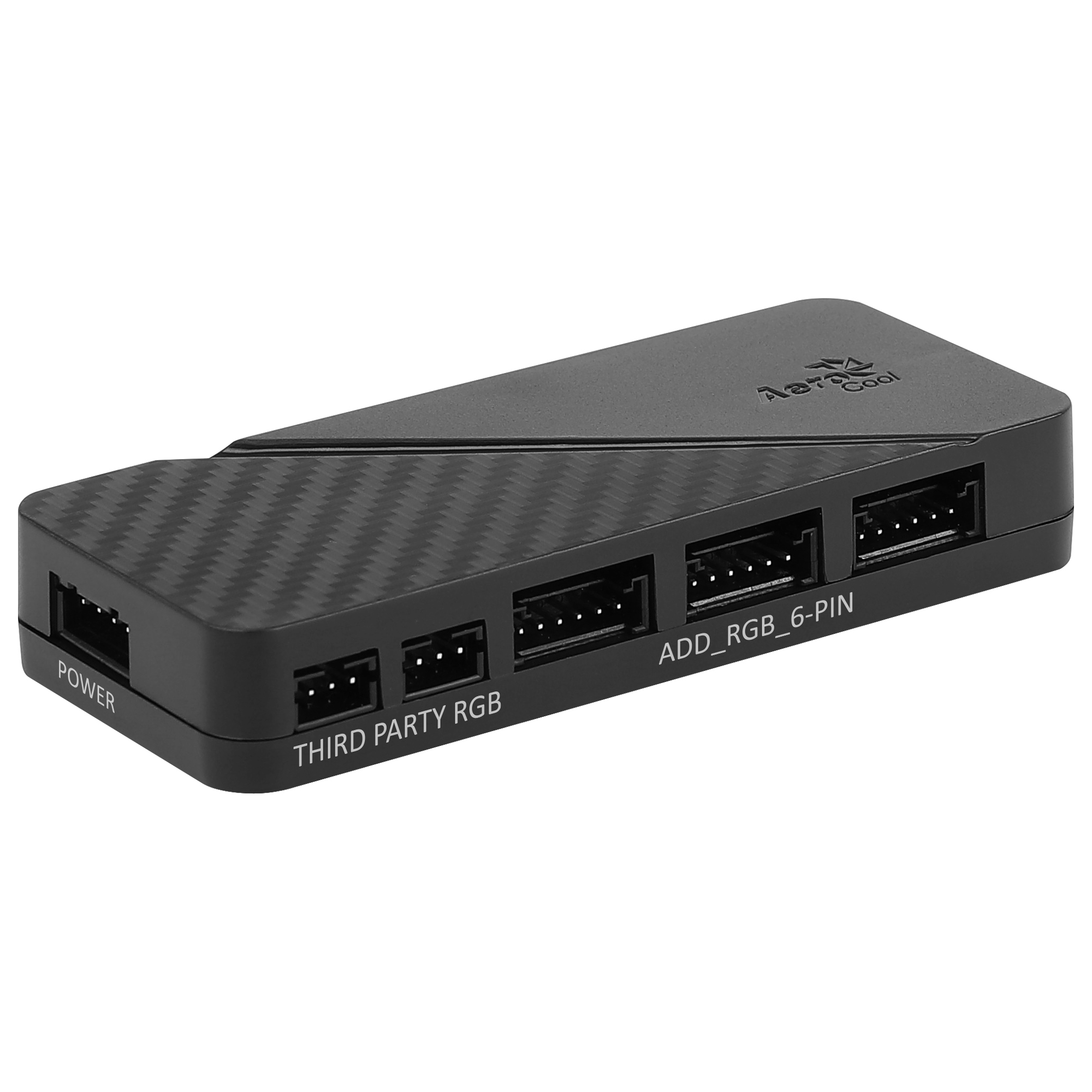 Hub RGB Aerocool nero con porte: Power, Third Party RGB e ADD_RGB_6-PIN. Presente una trama in fibra di carbonio.
