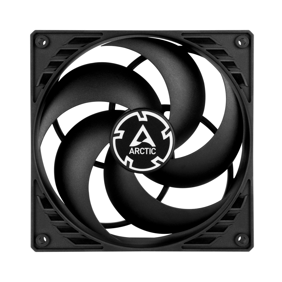 Ventola per computer nera con pale curve. Logo Arctic bianco e nero al centro. Cornice quadrata con fori di montaggio.