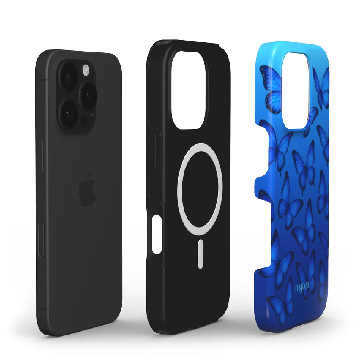 Tre custodie per iPhone: iPhone nero, custodia nera con cerchio bianco e custodia blu con farfalle.