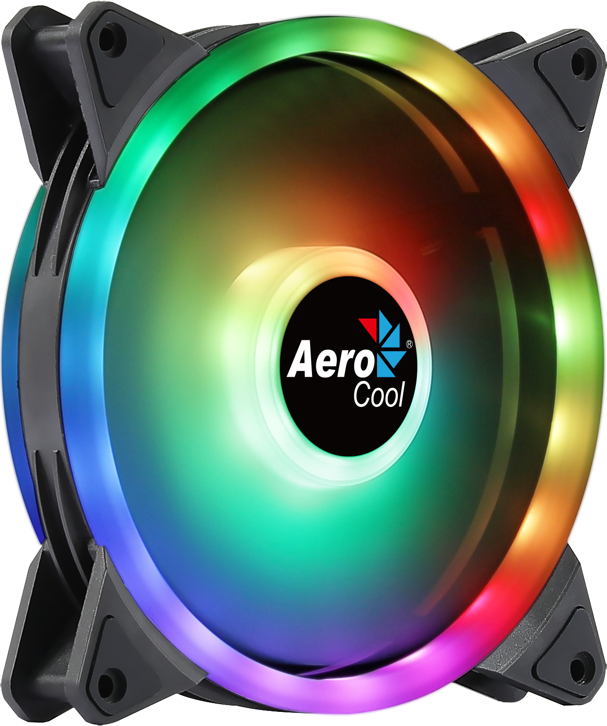 AeroCool RGB PC-Lüfter. Schwarzer Rahmen, durchsichtiger Lüfter mit Regenbogen-LEDs. AeroCool-Logo in der Mitte. Vier Befestigungspunkte.