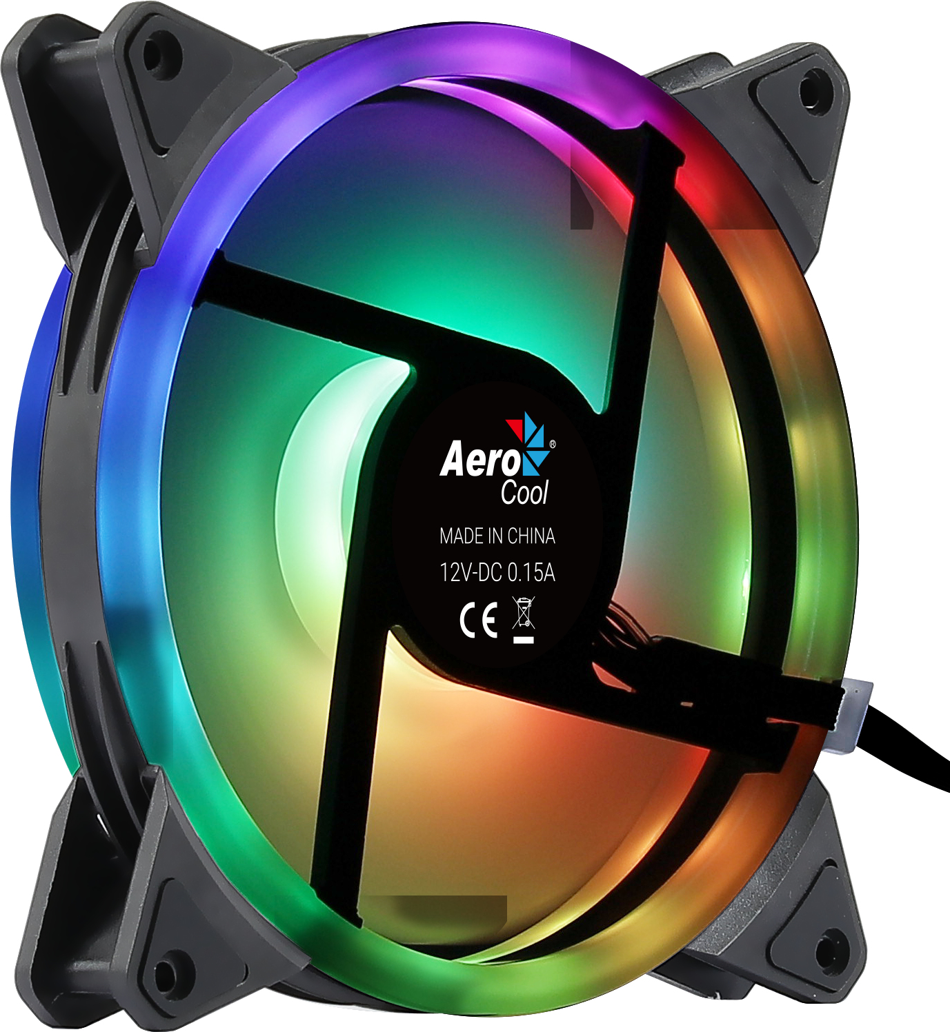 AeroCool-Computerlüfter mit Regenbogen-LED-Ring. Schwarzer Rahmen, transparente Lüfterflügel. In der Mitte befindet sich das AeroCool-Logo und die technischen Daten.