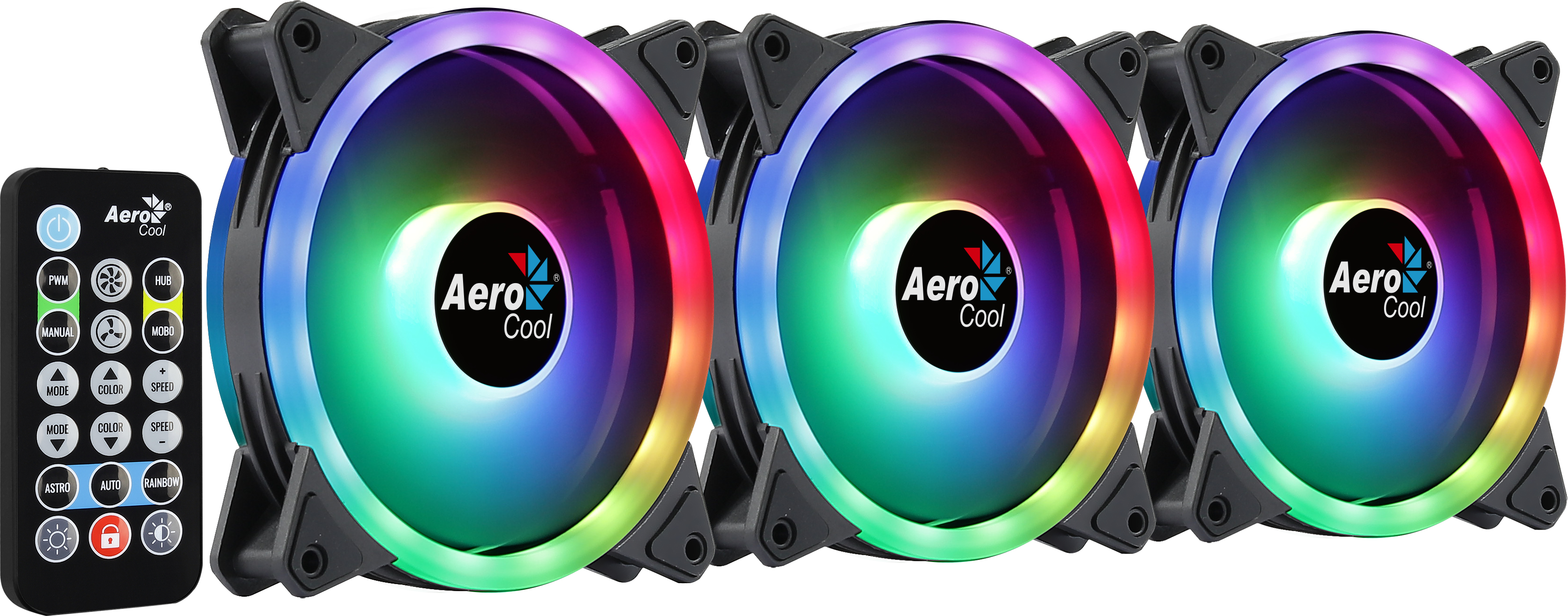 La imagen muestra tres ventiladores AeroCool RGB. Un mando a distancia está a la izquierda. Los ventiladores tienen luces coloridas y un marco negro.