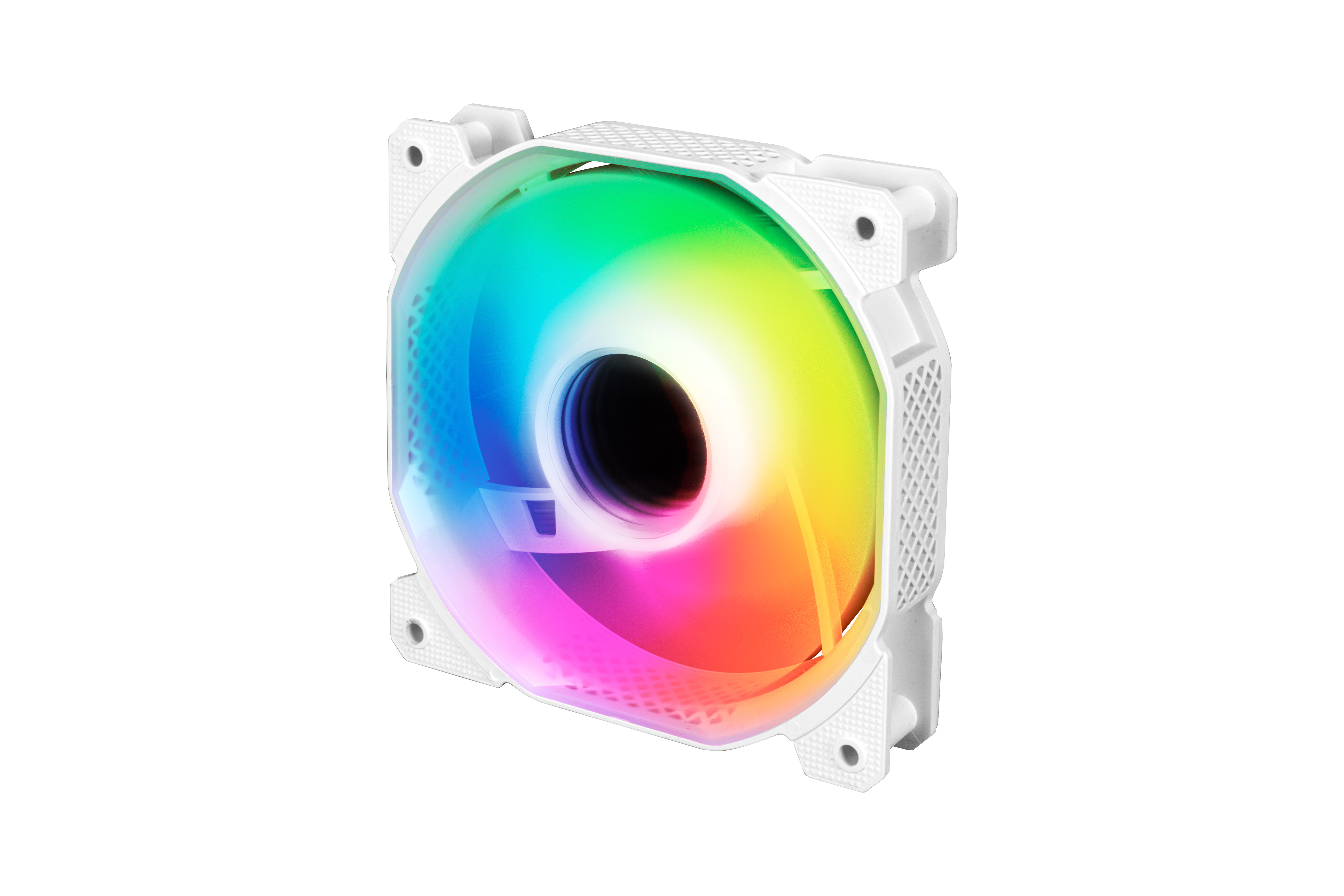 Un ventilador de computadora blanco con un centro de color arcoíris está aislado sobre un fondo blanco. Tiene bordes cuadrados con orificios de montaje.