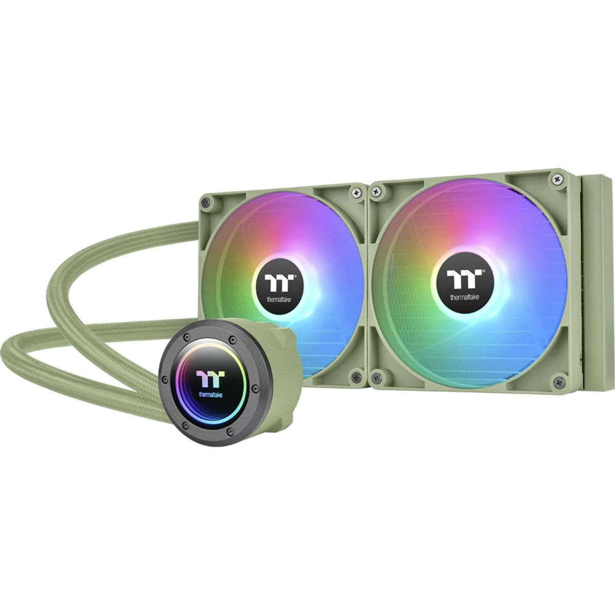 Un dissipatore a liquido per computer con due ventole, una pompa e tubi. Le ventole e la pompa hanno i loghi Thermaltake e visualizzano colori arcobaleno.