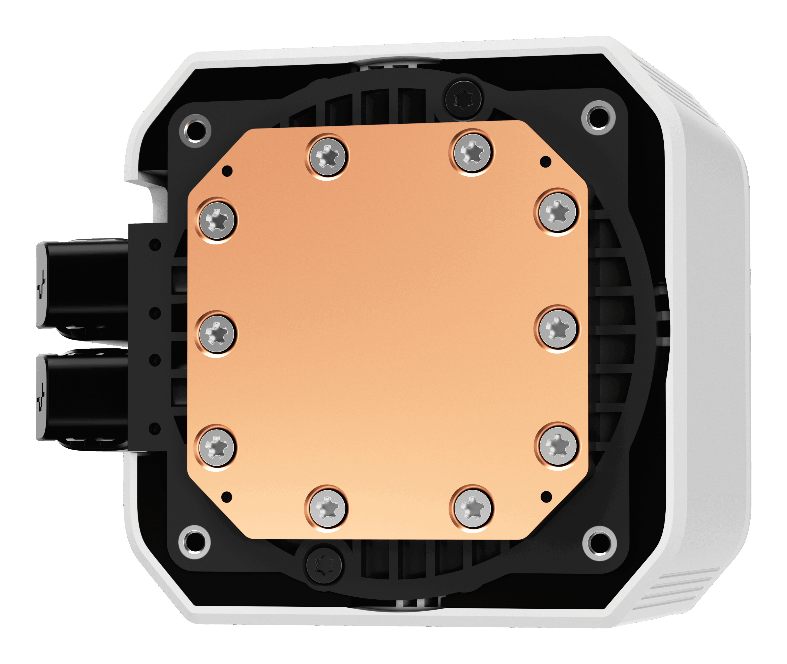 A white and black computer liquid cooler with copper plate, screws, and black tubes.