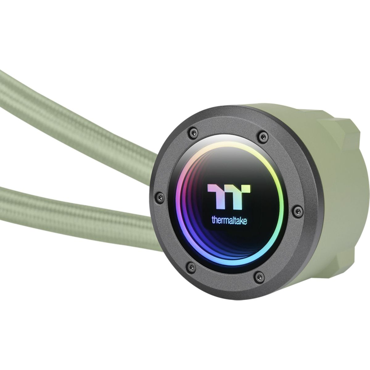 Un dissipatore a liquido Thermaltake. La parte rotonda è verde con il logo ed effetto luce. I tubi sono collegati.