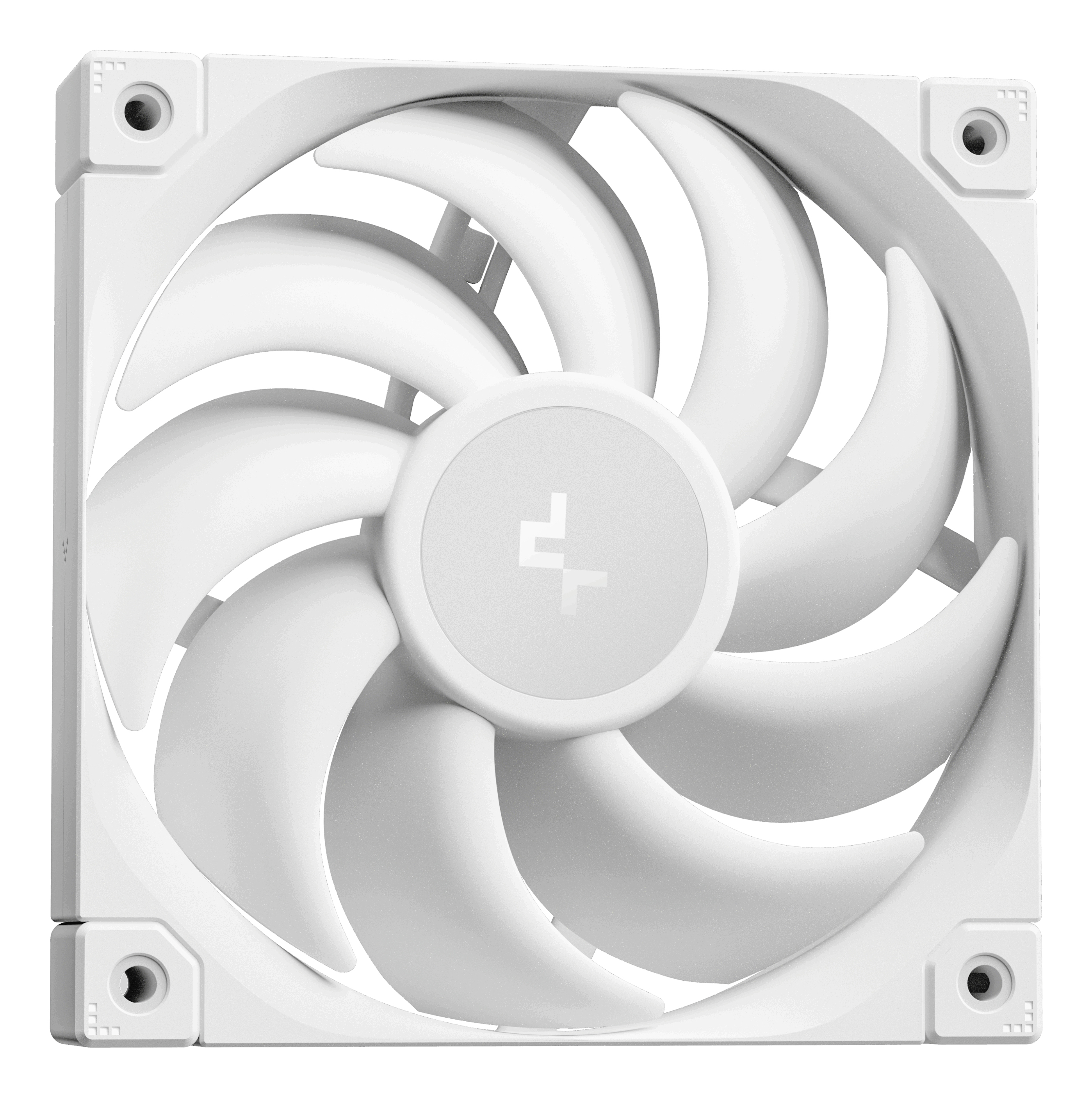 A white computer fan with nine curved blades. The fan has a central hub with a logo. White frame with mounting holes.