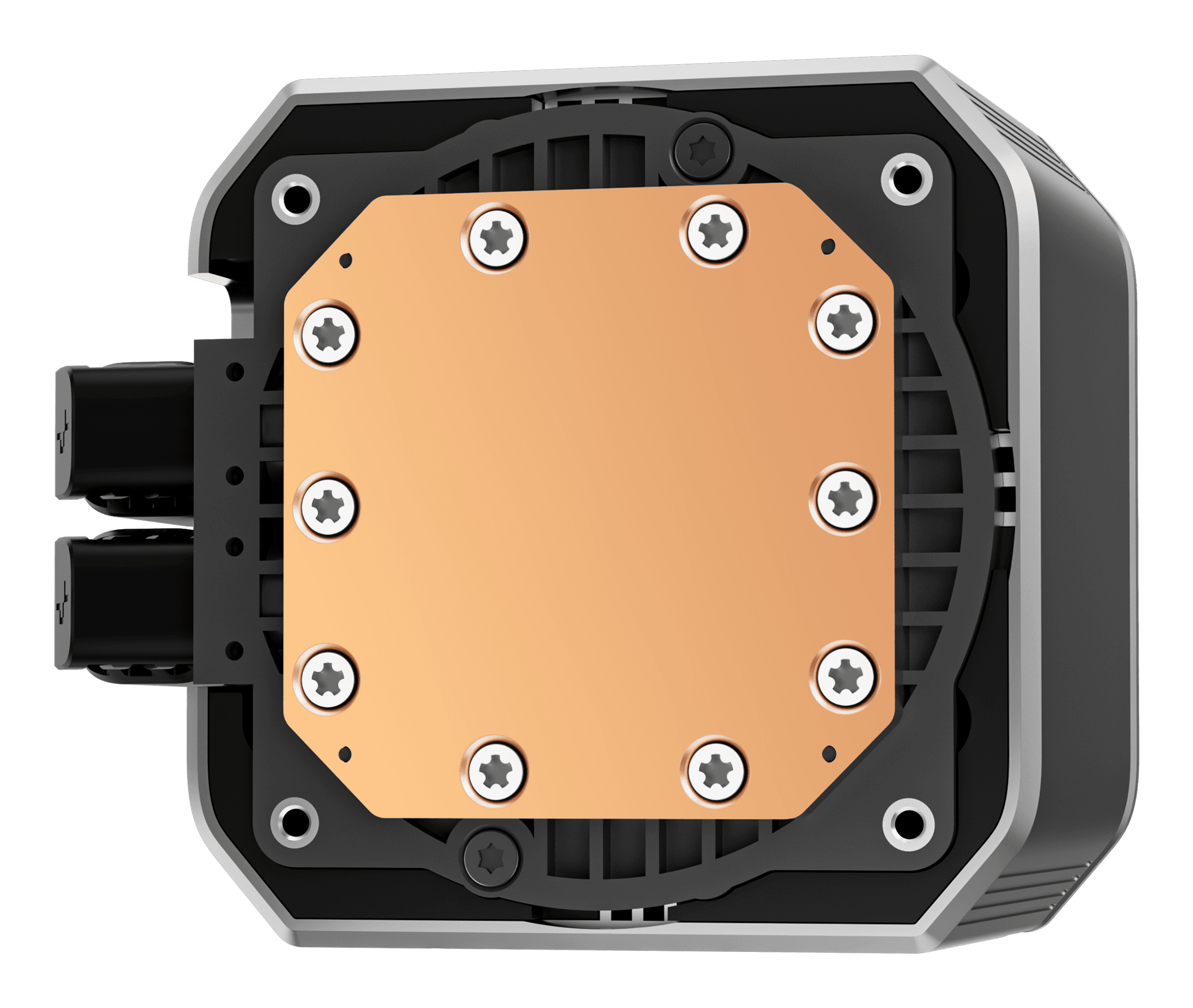 Draufsicht auf einen CPU-Kühler mit Kupferplatte und Schrauben, umgeben von einem schwarz-silbernen Rahmen.