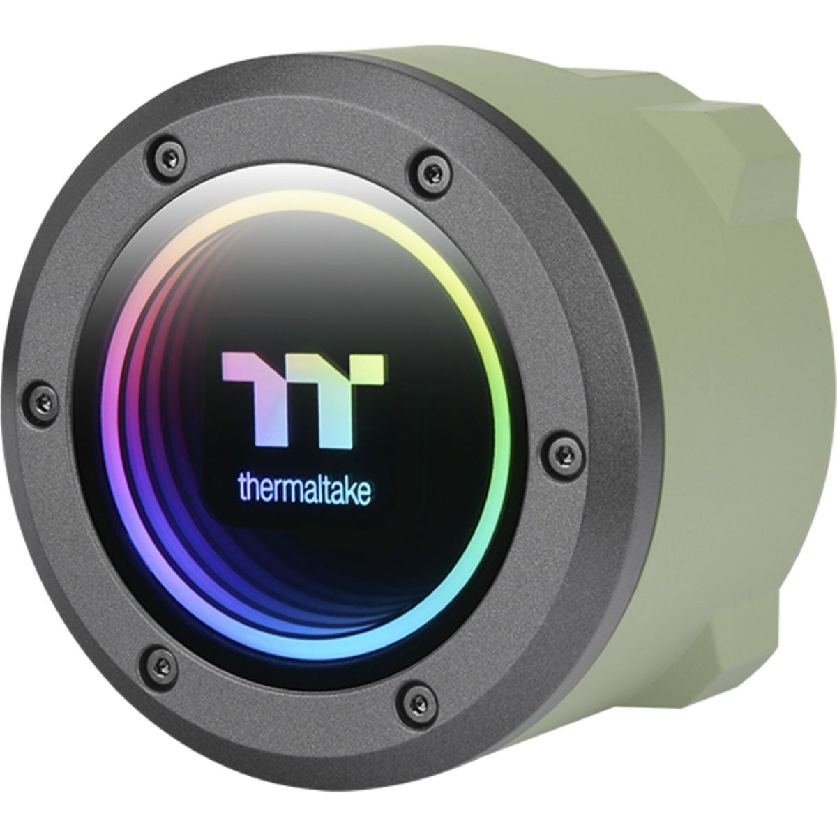 Un componente di raffreddamento a liquido Thermaltake. Ha un anello grigio scuro con viti, uno schermo colorato e un corpo verde.