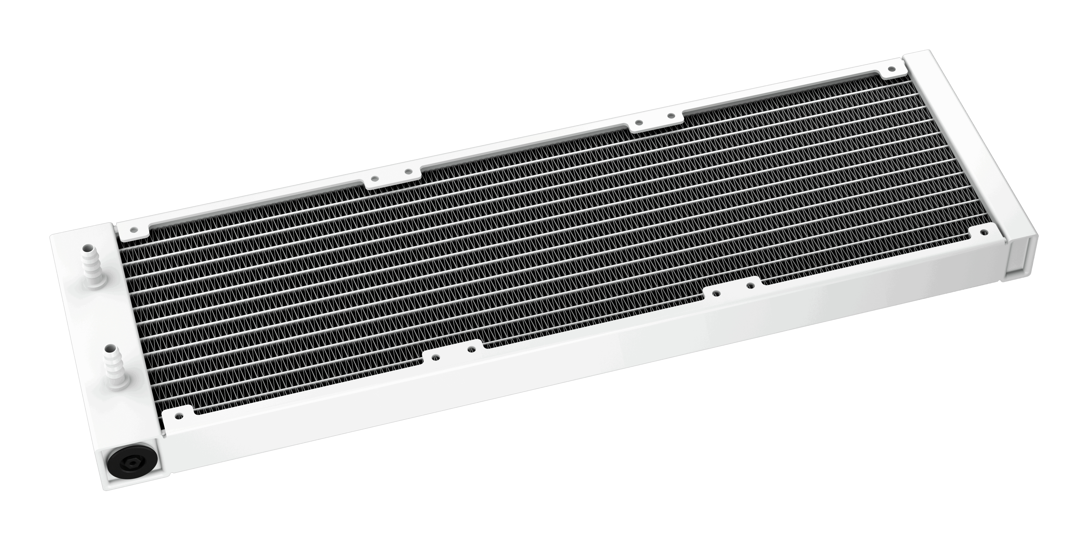 A white CPU cooler radiator. It has black fins and white frame with inlets. The background is white.