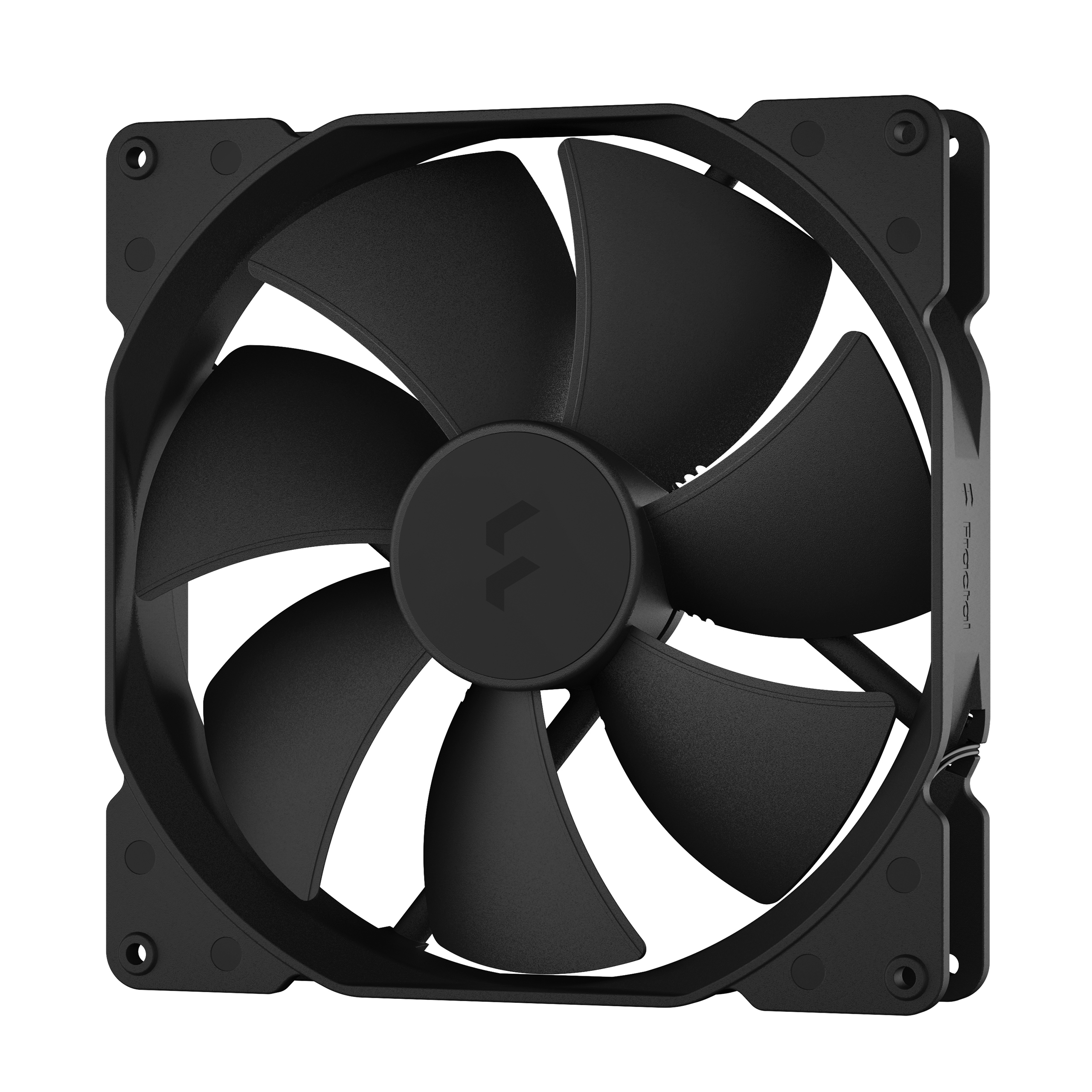 Una ventola per computer nera con pale curve e un logo centrale. La ventola ha una cornice quadrata.