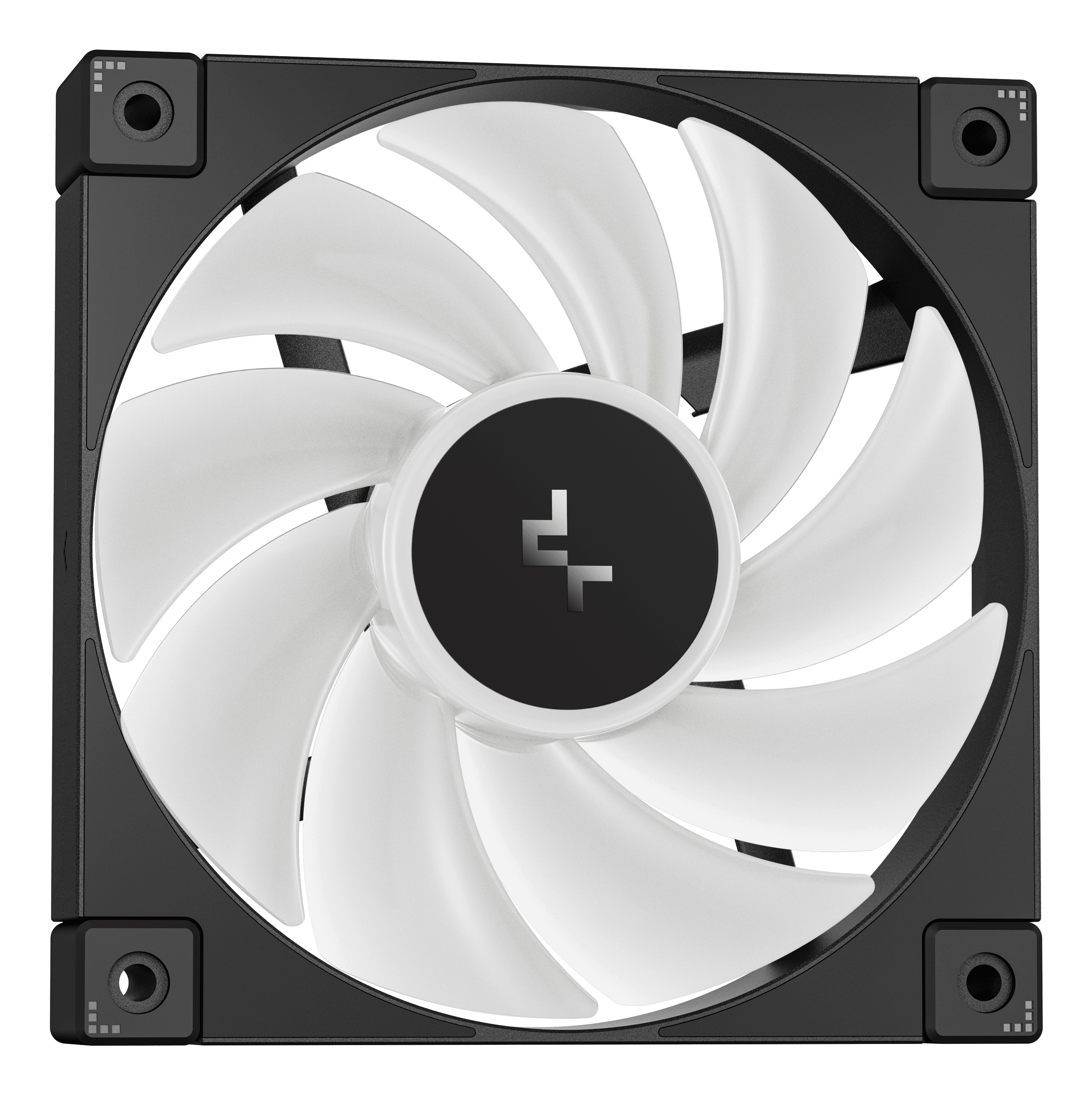 Ein Computerlüfter mit schwarzem Rahmen und weißen Flügeln. Die Mitte hat ein schwarzes Logo, die Ecken Schraubenlöcher.