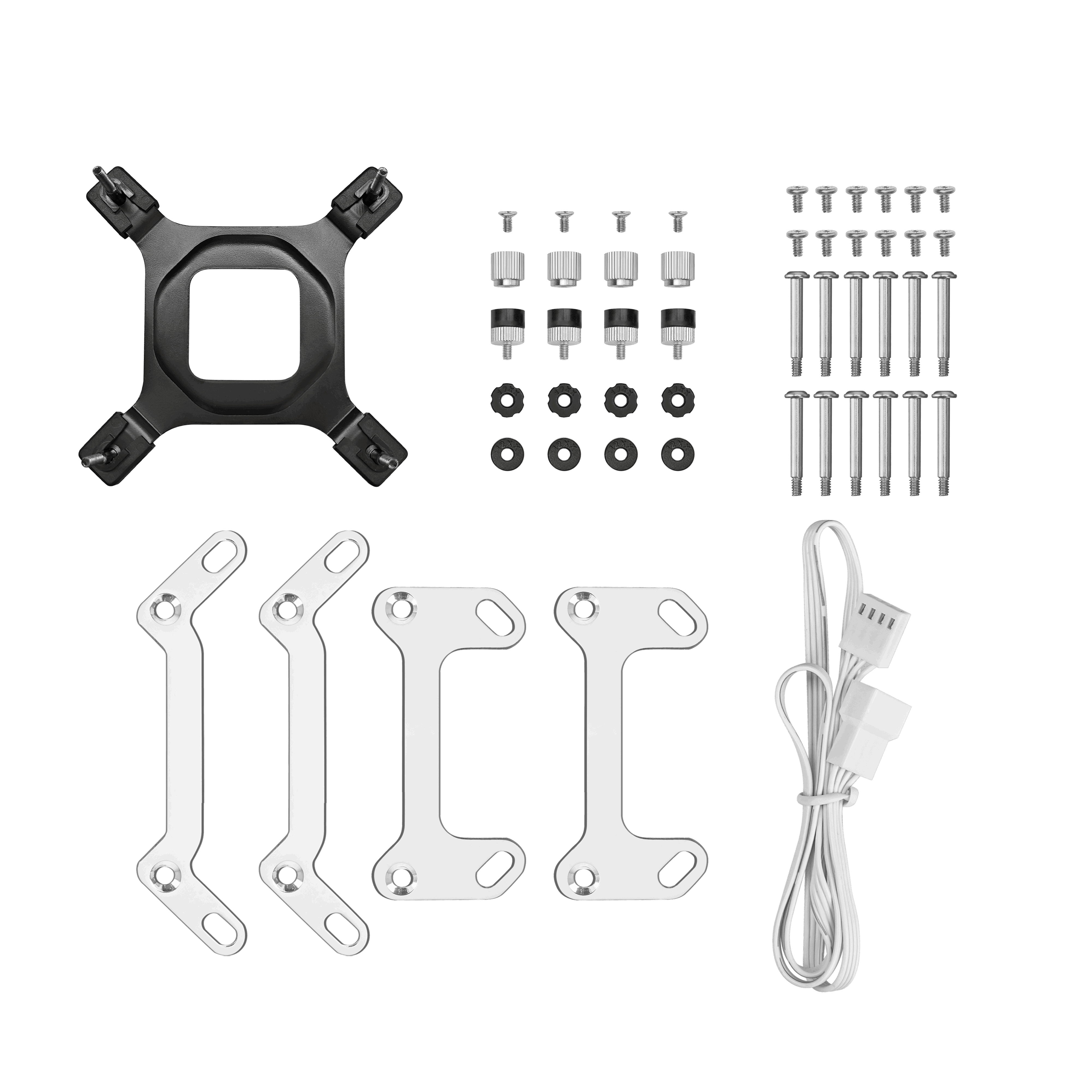 Component set: a black square bracket, screws, brackets, and a white cable.