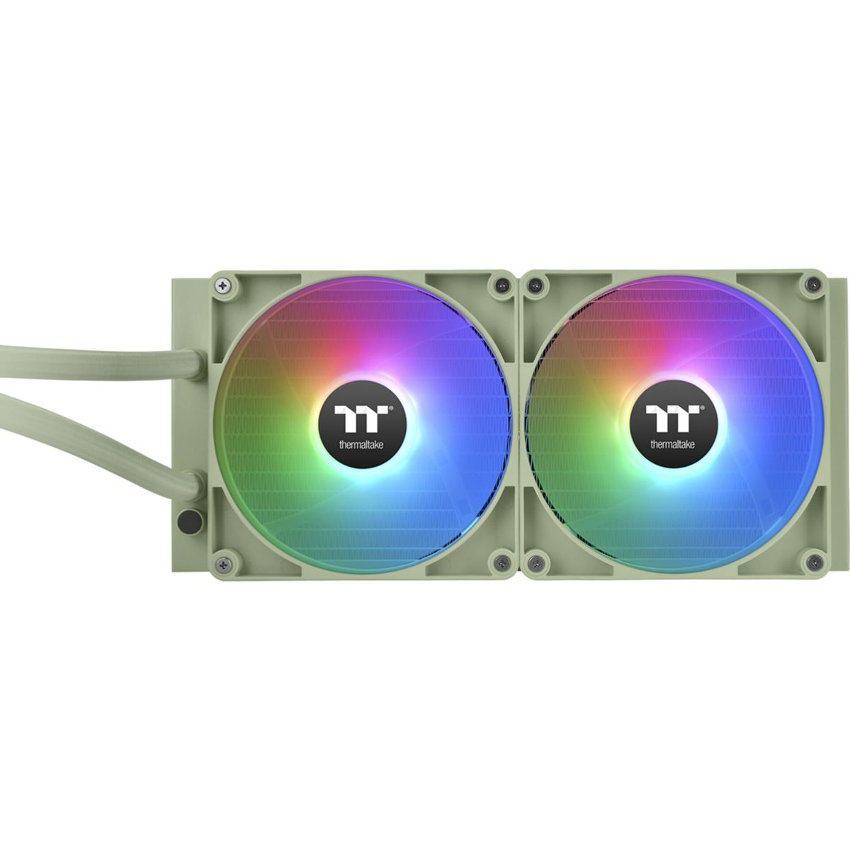 Due ventole per computer con luci arcobaleno. Ogni ventola ha il logo Thermaltake. La cornice è verde chiaro.