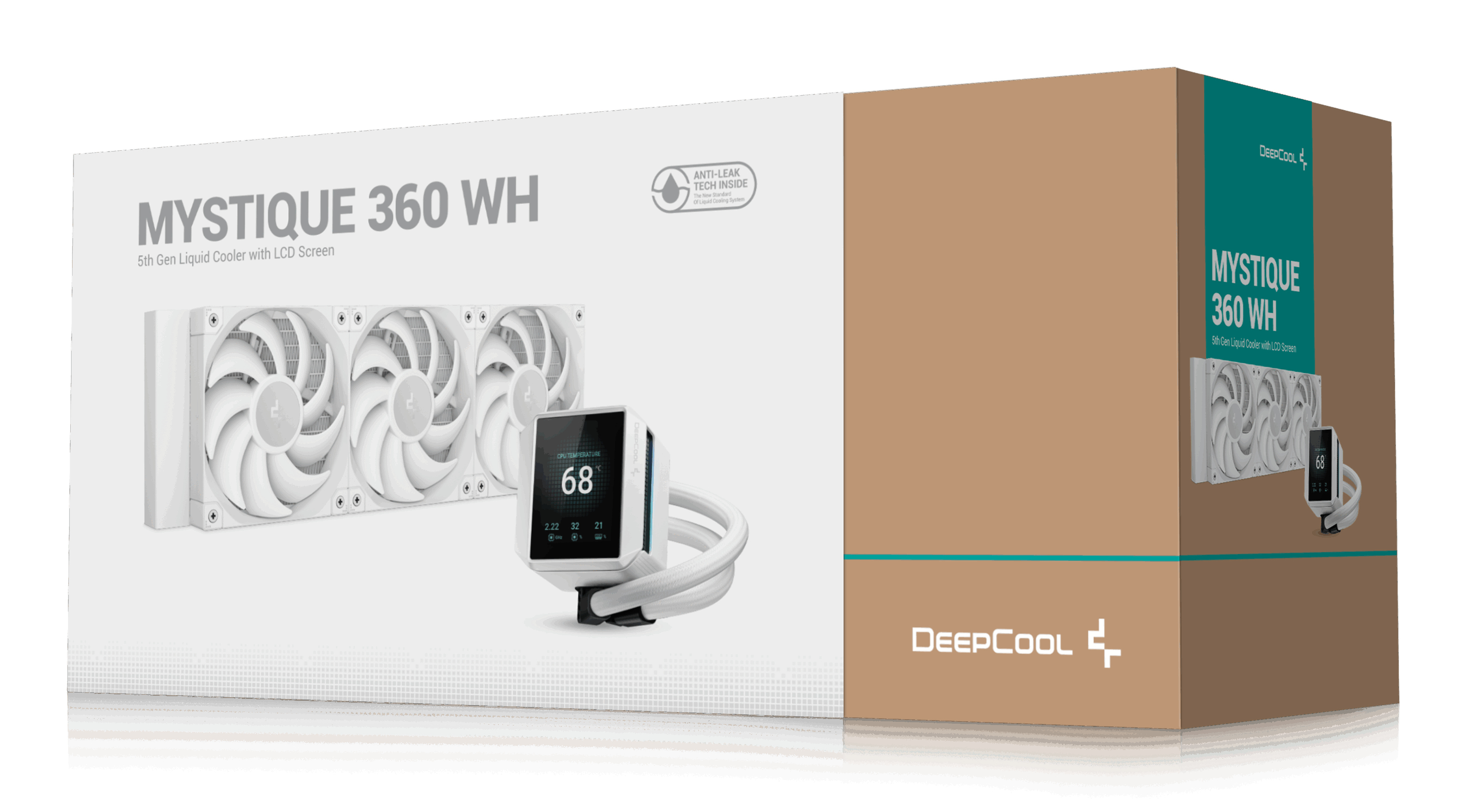 A white DeepCool Mystique 360 WH liquid cooler box. It shows a cooler, fans, and an LCD screen displaying temperature.