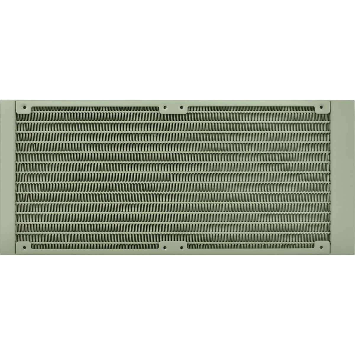 Un radiatore rettangolare verde pallido con una fitta griglia a motivi di piccole aperture e fori di montaggio.