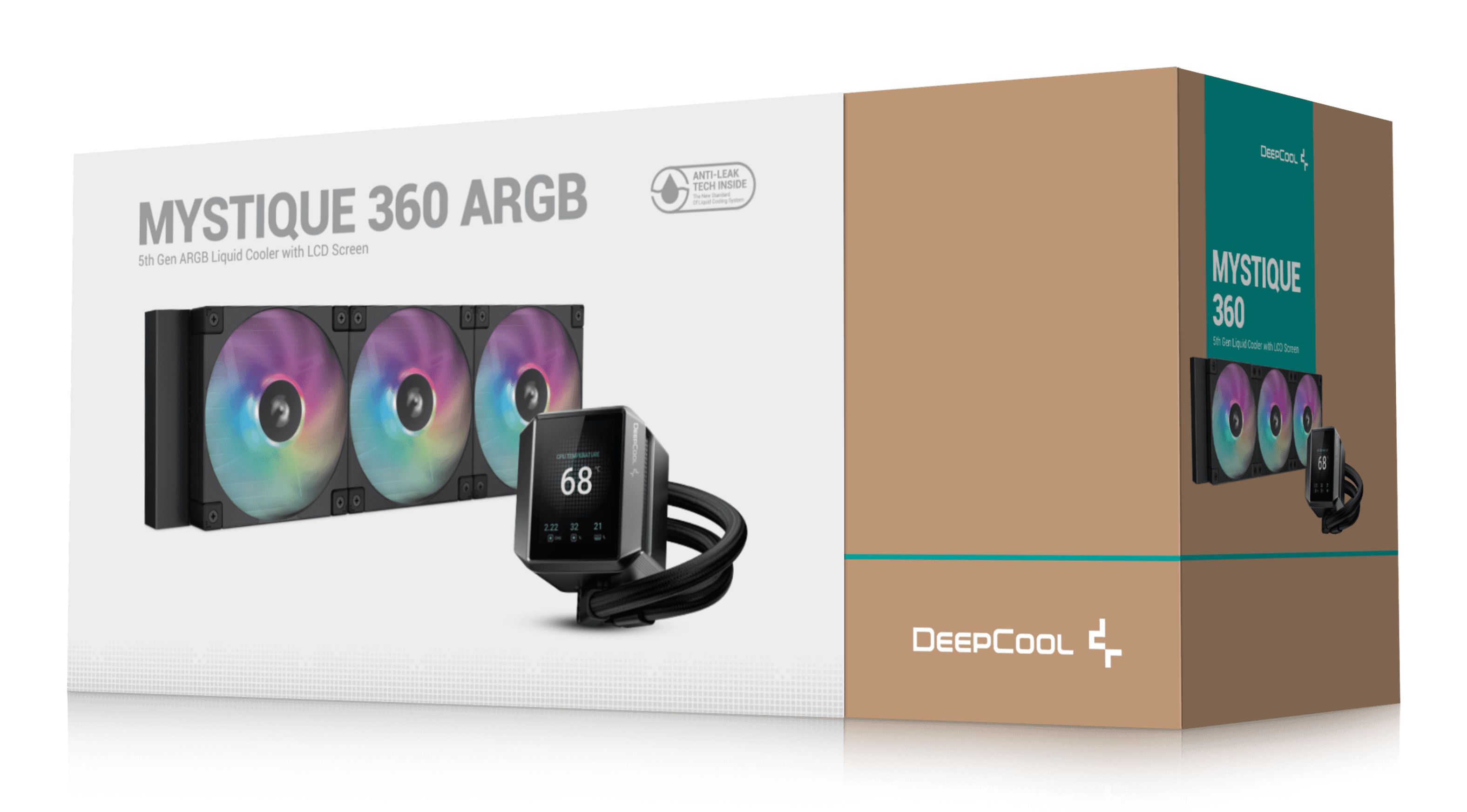 Produktkarton des Mystique 360 ARGB-Flüssigkeitskühlers mit LCD-Bildschirm, mit Lüftern und digitaler Anzeige.