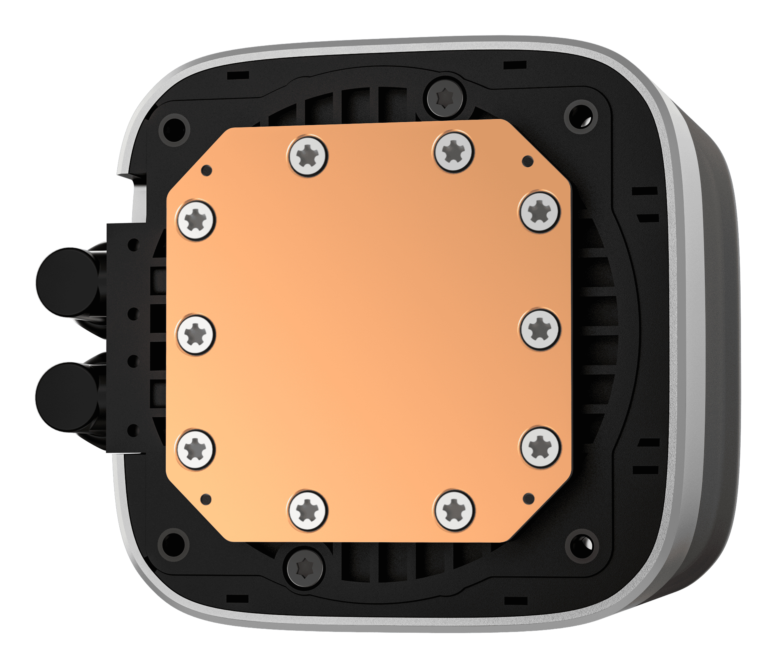 Ein CPU-Kühler. Kupferquadrat in der Mitte, mit Schrauben. Schwarzer Kunststoff darum und silberner Rahmen. Zwei schwarze Röhren links.