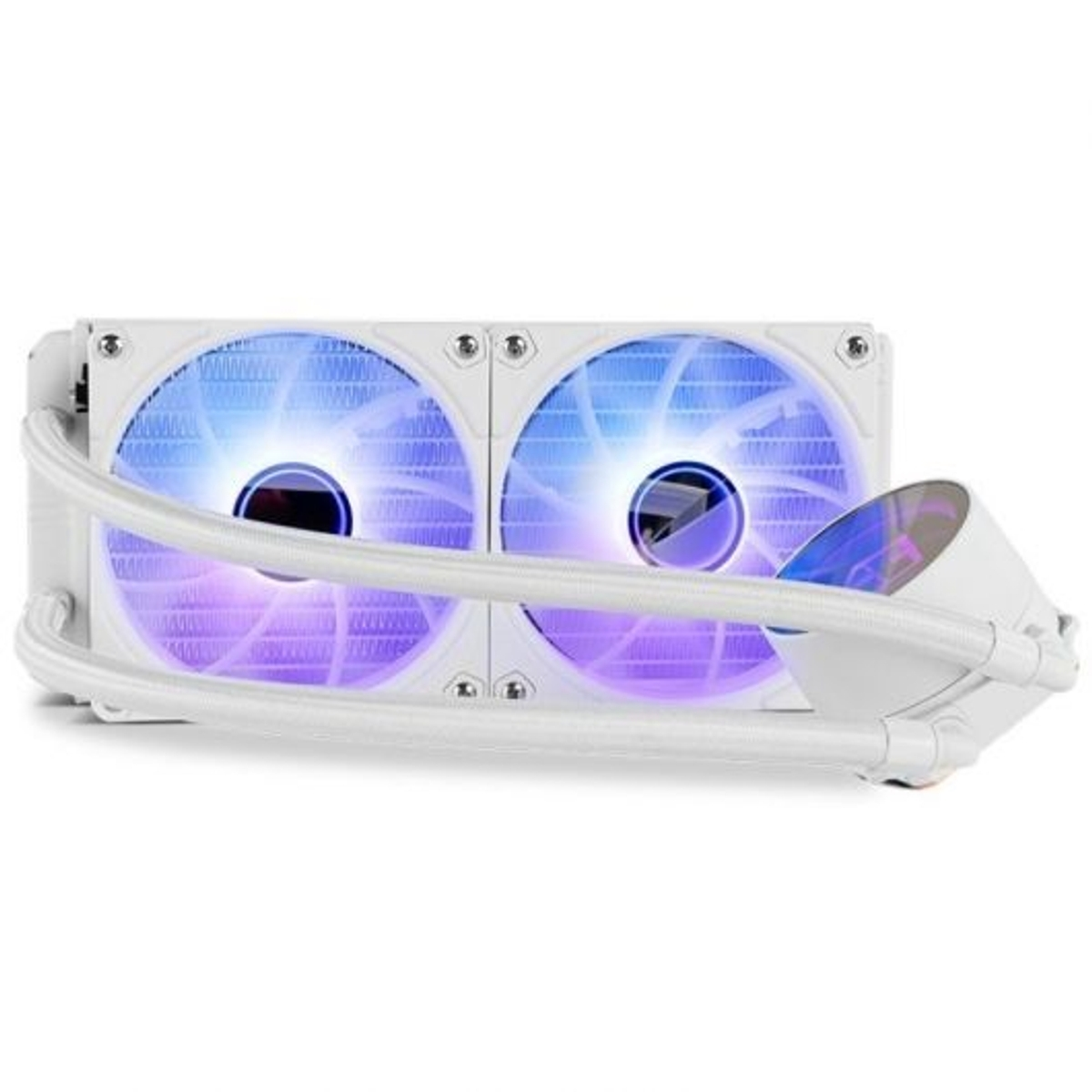 Weißer Computer-Flüssigkeitskühler mit zwei Lüftern. Die Lüfter haben lila und blaue LED-Lichter. Weiße Schläuche und ein Zylinder sind ebenfalls vorhanden.