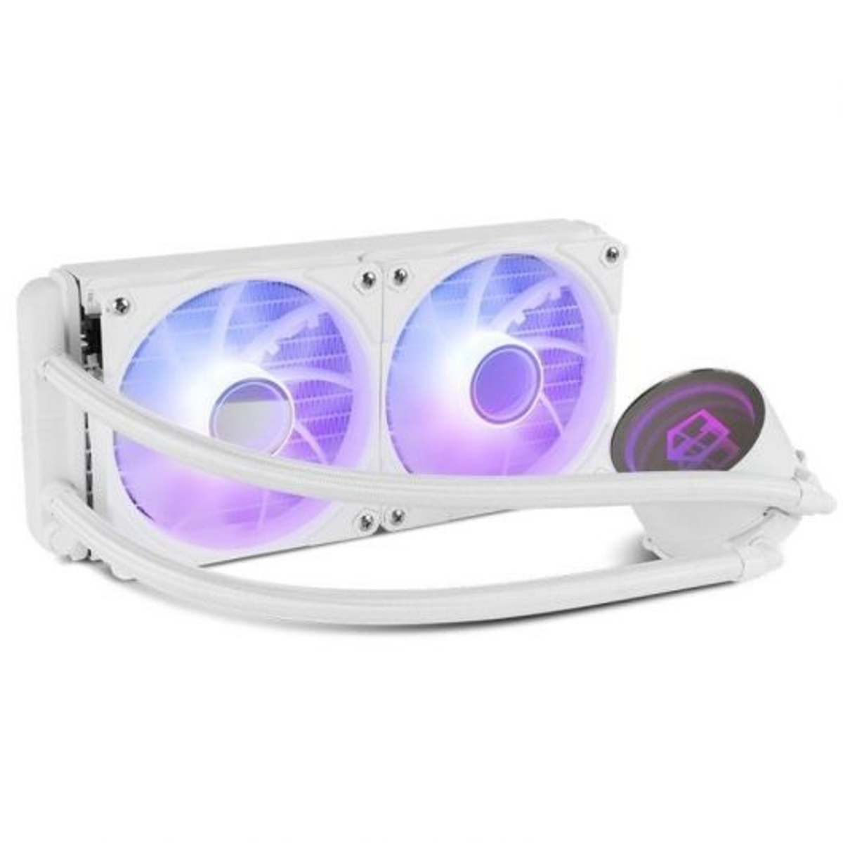 Weißer Computer-Flüssigkeitskühler mit zwei Lüftern, Schläuchen und einer Pumpe. Die Lüfter haben blaue und violette LED-Leuchten.