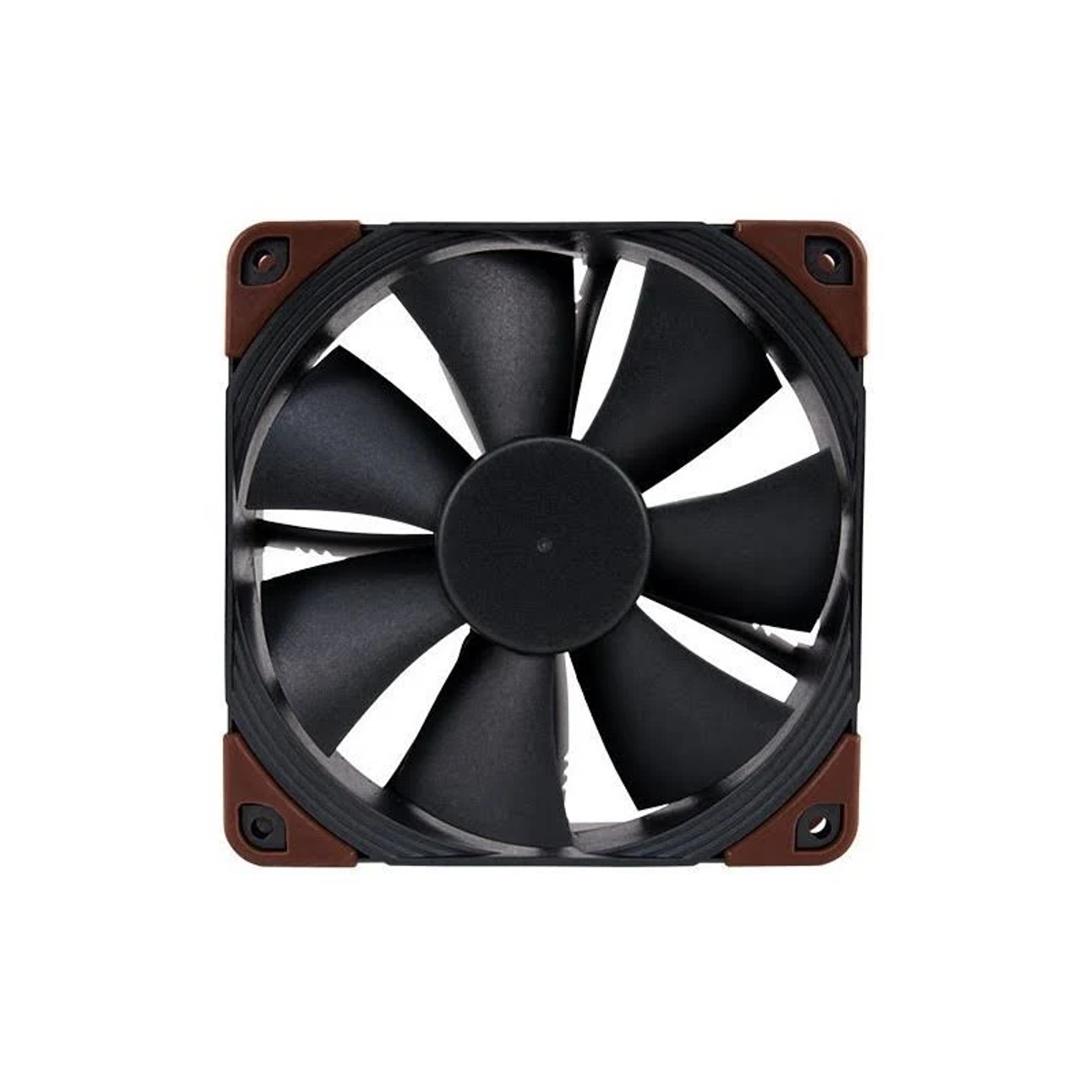 Czarny wentylator komputerowy z dziewięcioma łopatkami. Ma brązową ramę i narożniki oraz czarną centralną piastę.