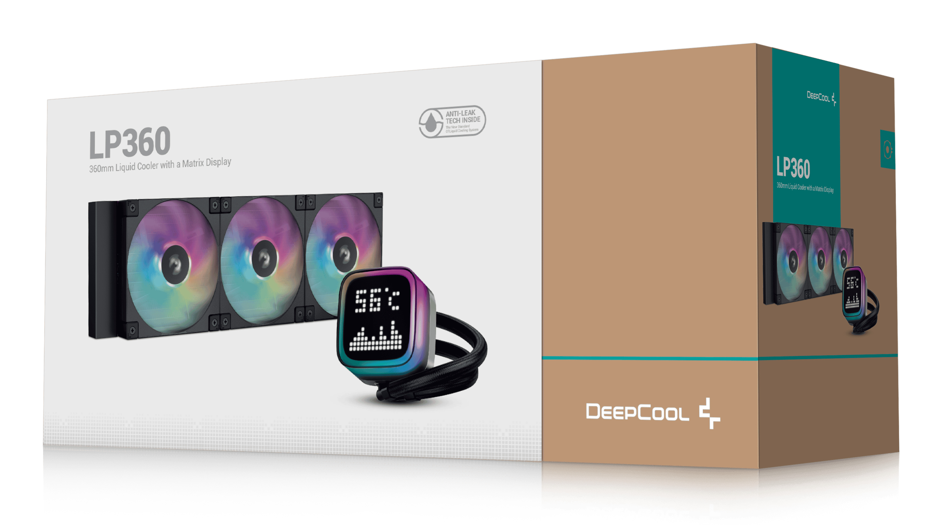 Das Bild zeigt eine DeepCool LP360 Flüssigkeitskühlerbox mit Kühler, Display und Lüftern.