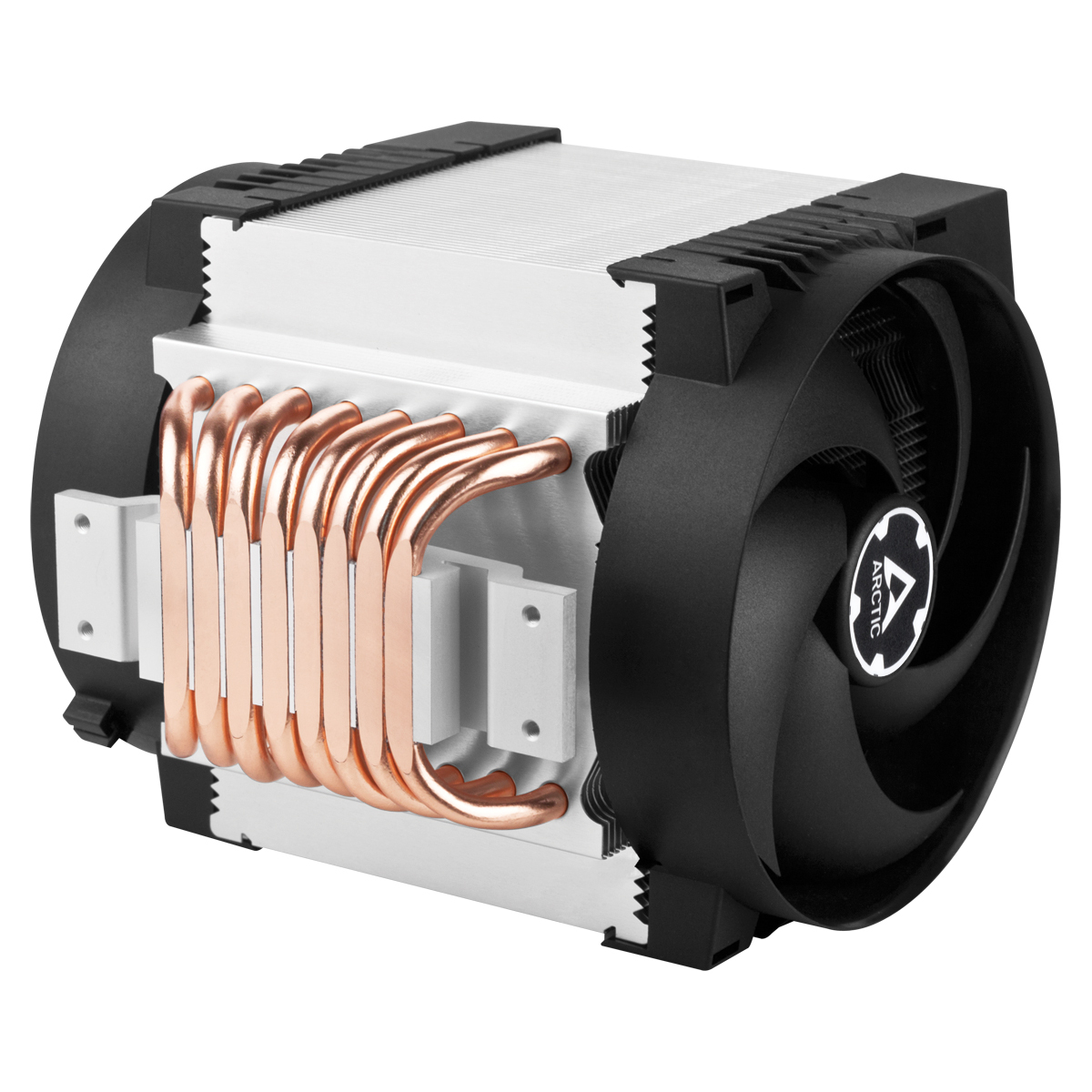 Computer CPU cooler. Black fan with Arctic logo. Copper heat pipes and silver heatsink. Black plastic frame.