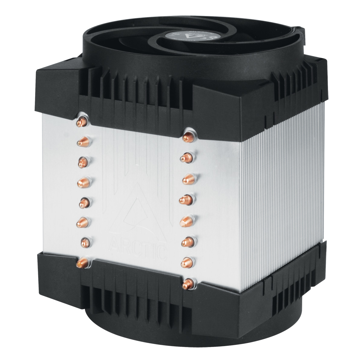A computer CPU cooler with black and silver components. It has a fan on top and copper heat pipes.