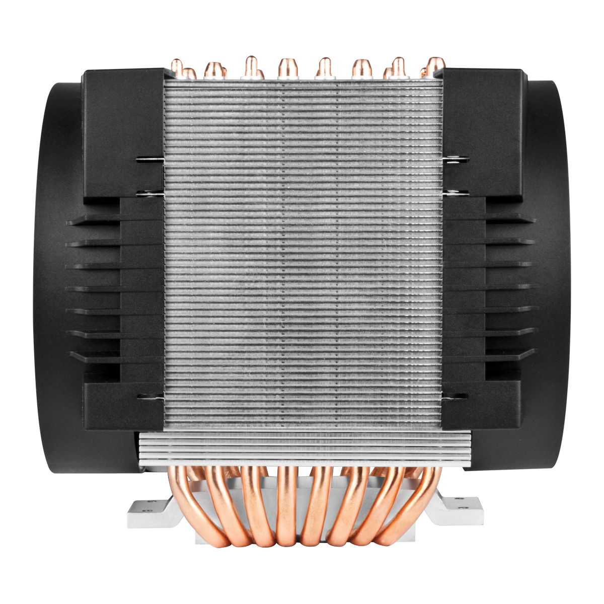 Close-up of a CPU cooler. It has black, gray, and copper components. Copper pipes are at the bottom, with a fan housing in the back.