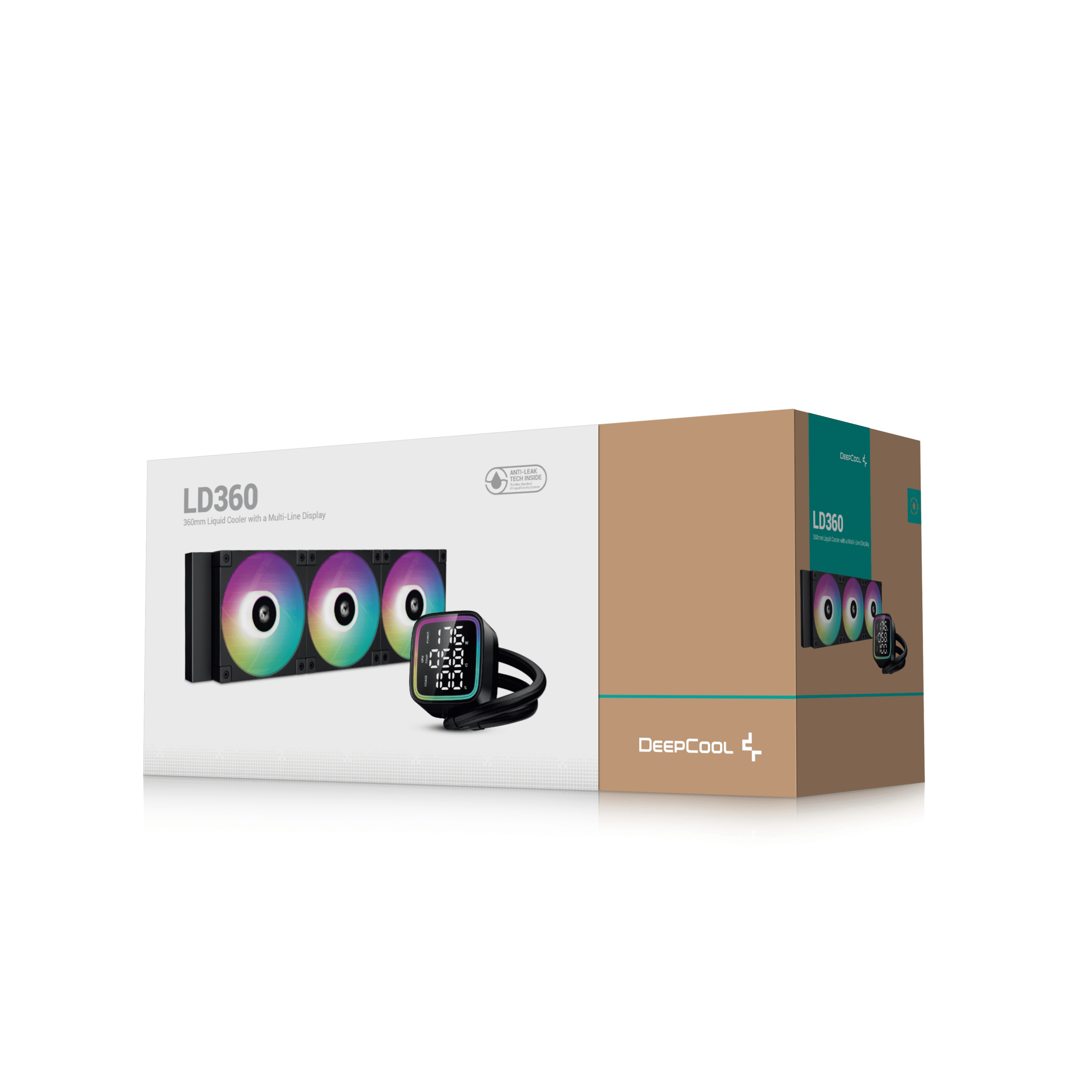 Pudełko chłodnicy cieczy DeepCool LD360 z wentylatorami i ekranem na białym tle.