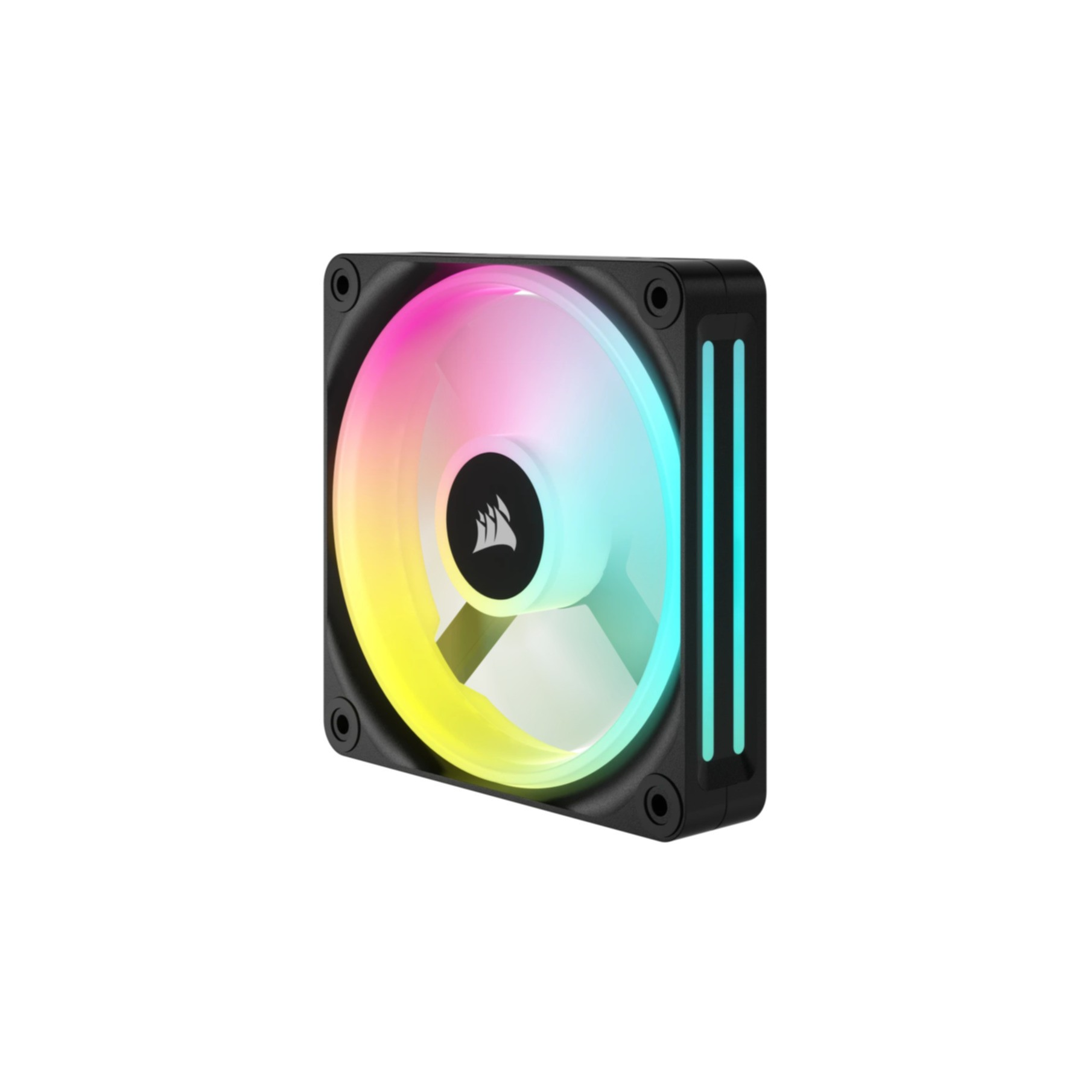 Wentylator komputerowy, czarna ramka, wielokolorowe światło. Centralne logo jest białe. Po boku znajdują się dwa pionowe światła.