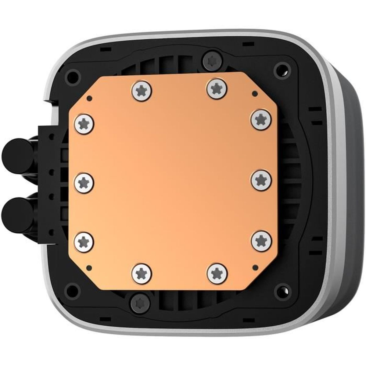 Chłodnica cieczy do komputera. Ma miedzianą płytę ze śrubami, otoczoną czarną i szarą plastikową obudową oraz czarnymi rurkami.