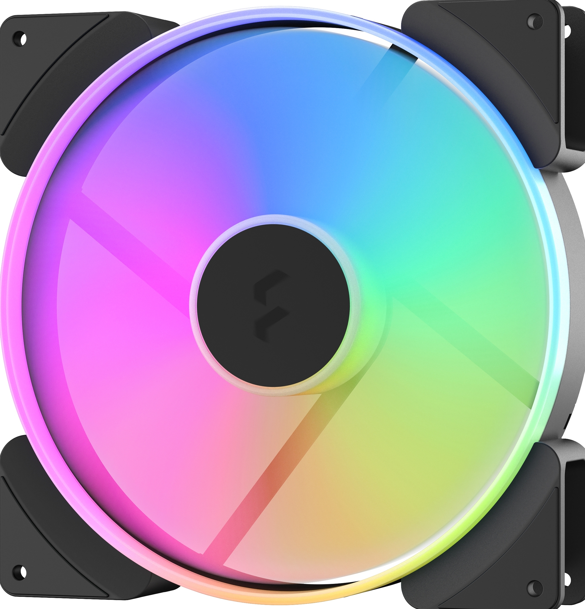 Una ventola per computer con un anello luminoso arcobaleno e una cornice nera. Il centro ha un logo nero.