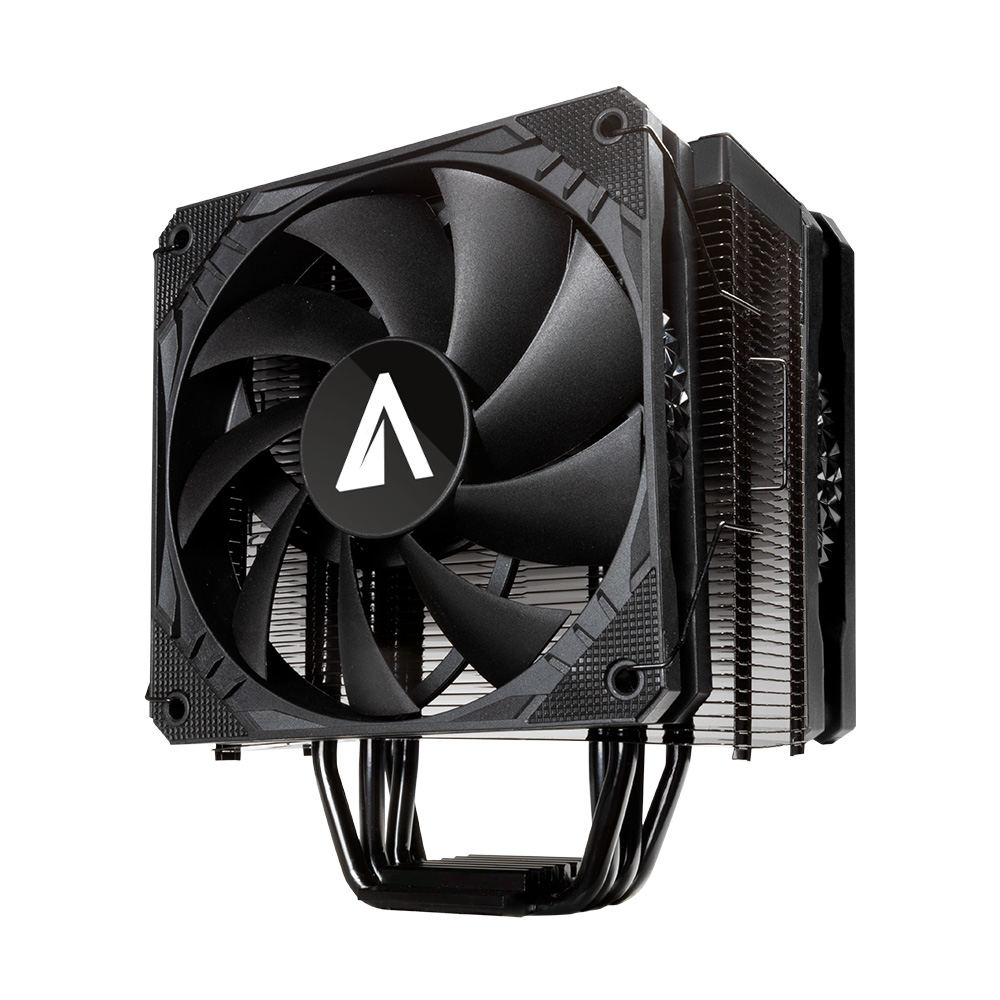 Dissipatore CPU nero con ventola. Presenta una ventola nera con logo 'V' bianco, collegata a un dissipatore tramite tubi.